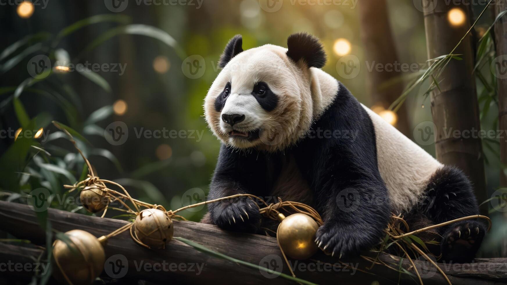 A panda sits among bamboo, playfully interacting with golden ornaments in a serene setting. photo