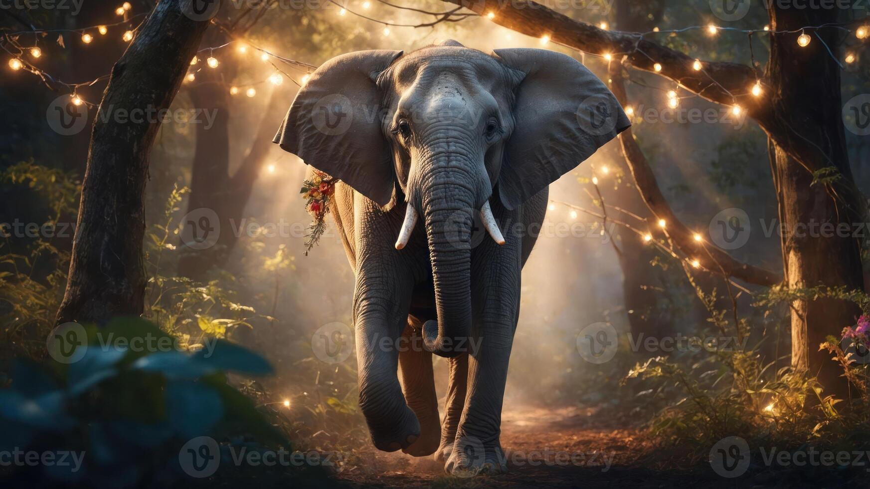 An elephant walks through a lit forest path, creating a magical atmosphere. photo