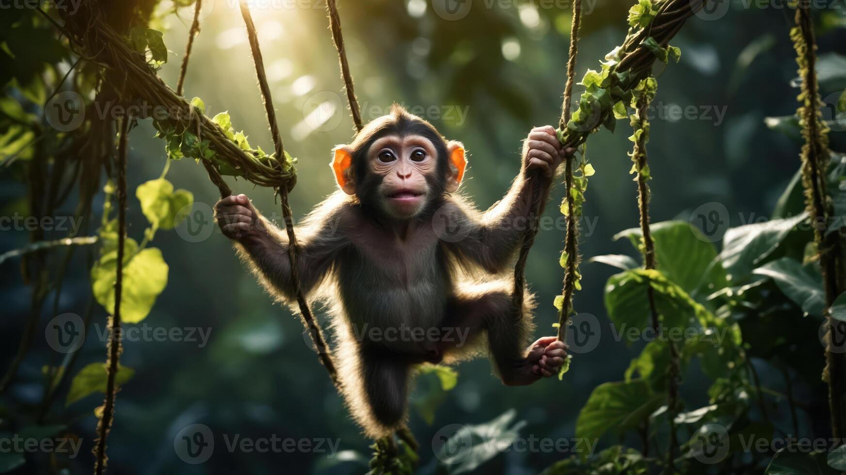 A playful monkey swings on vines in a lush jungle, capturing the essence of wildlife. photo