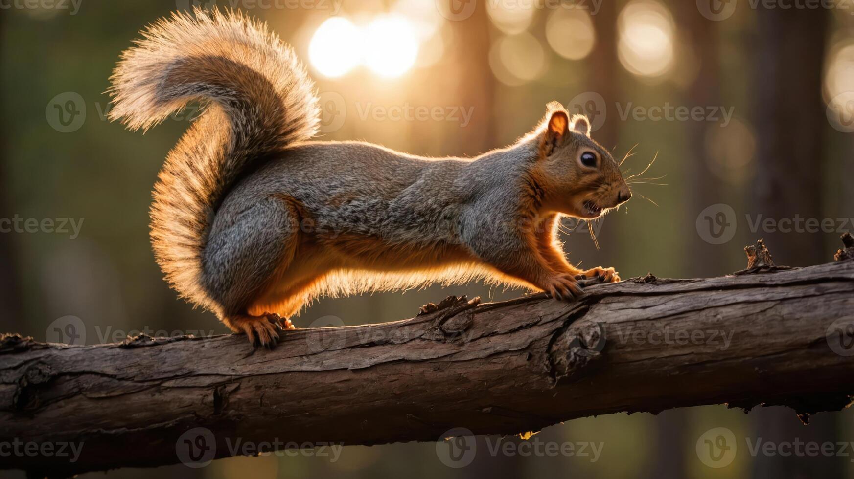 A squirrel climbing a log with sunlight filtering through the trees in the background. photo