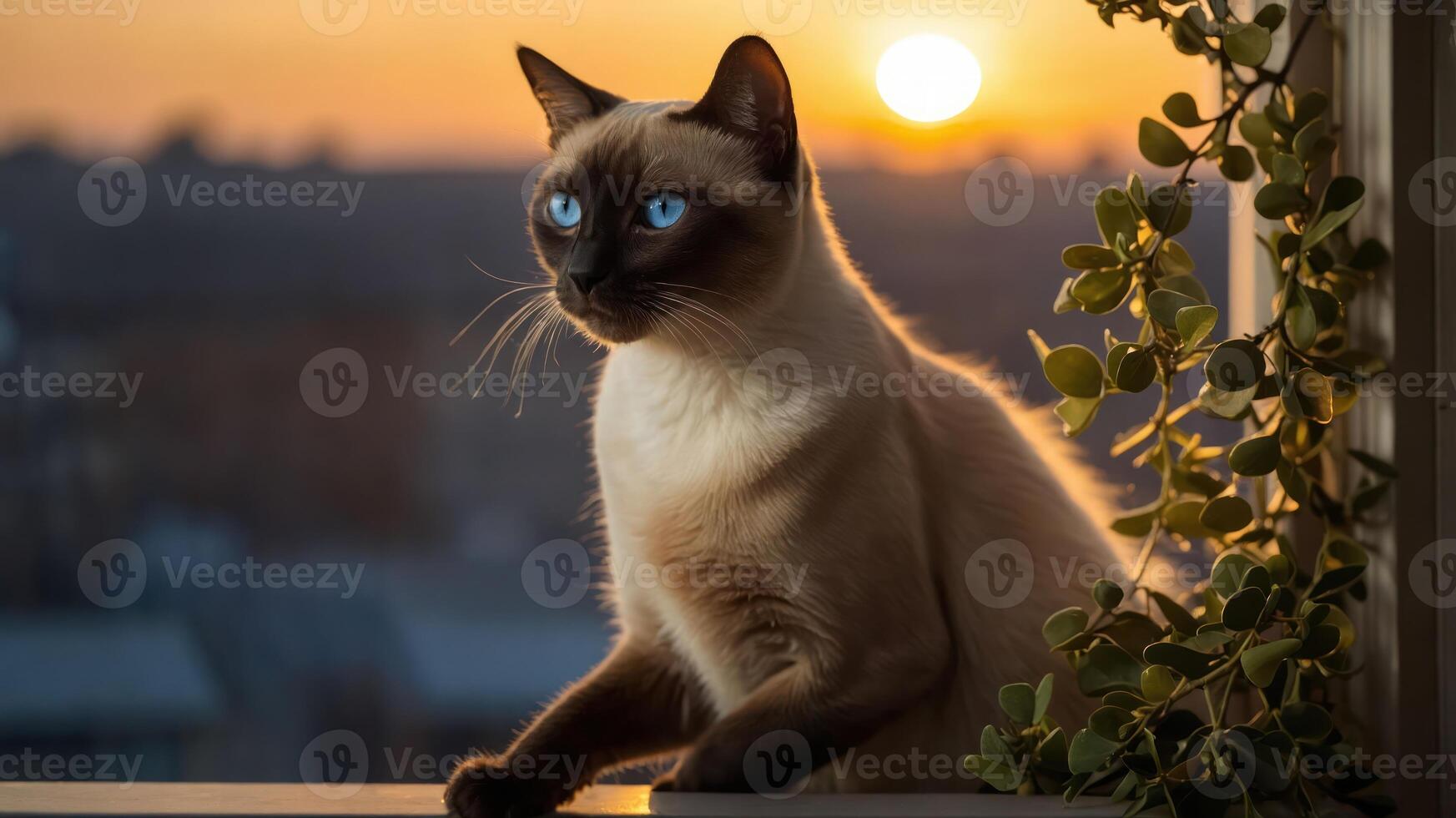 A serene Siamese cat gazes out at a sunset, framed by a window and greenery. photo
