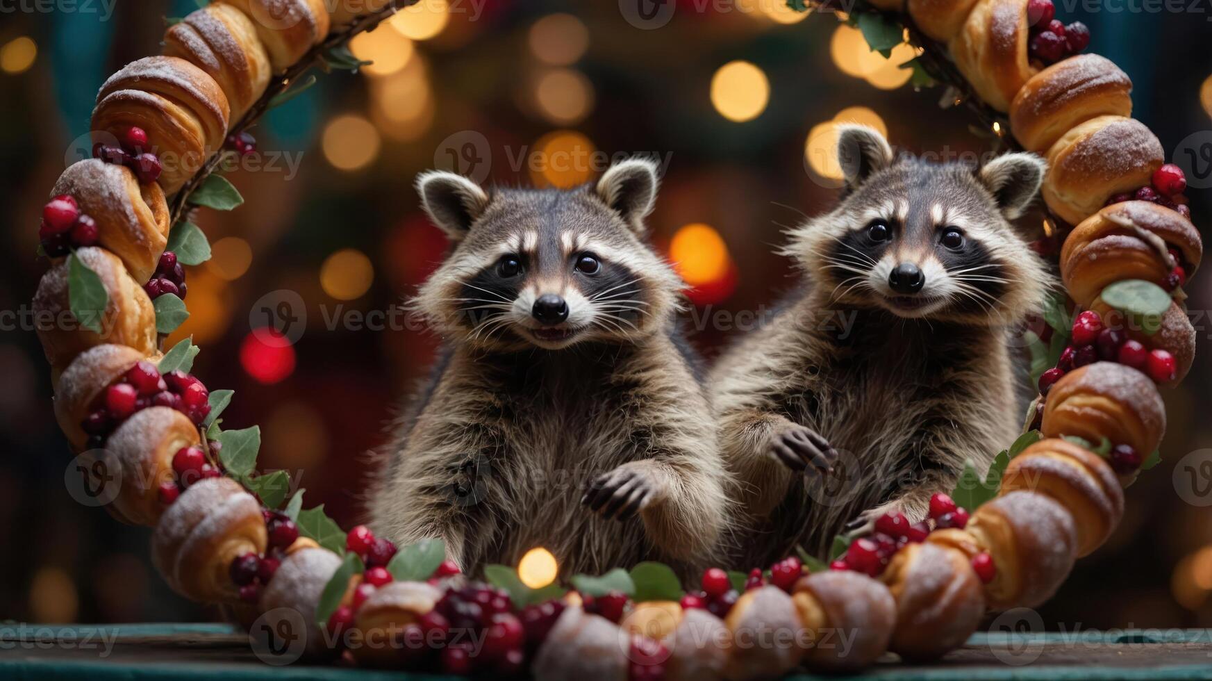 Two raccoons framed by a festive wreath adorned with pastries and berries. photo