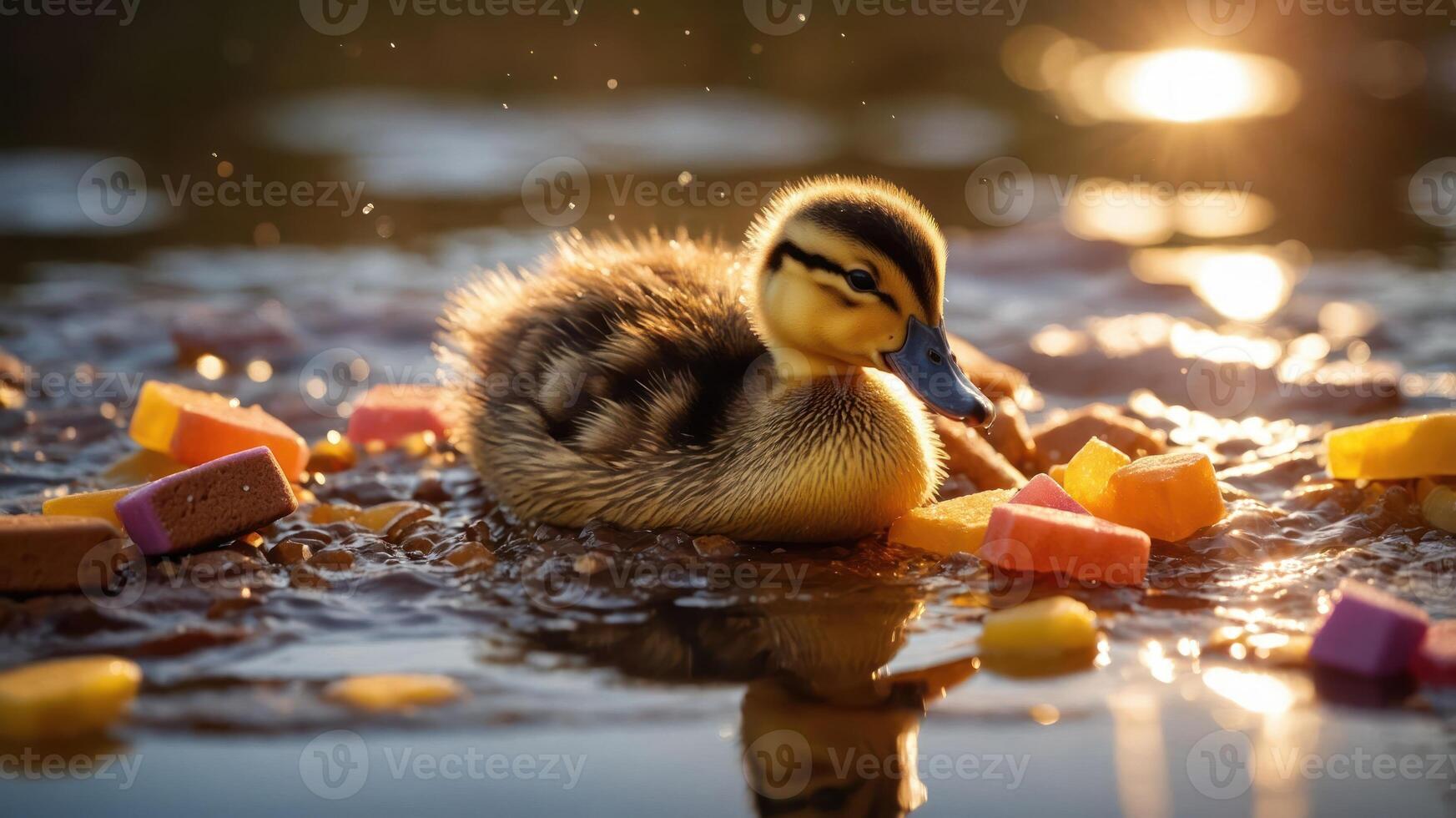 A duckling swims amidst colorful foam pieces in a serene water setting during sunset. photo