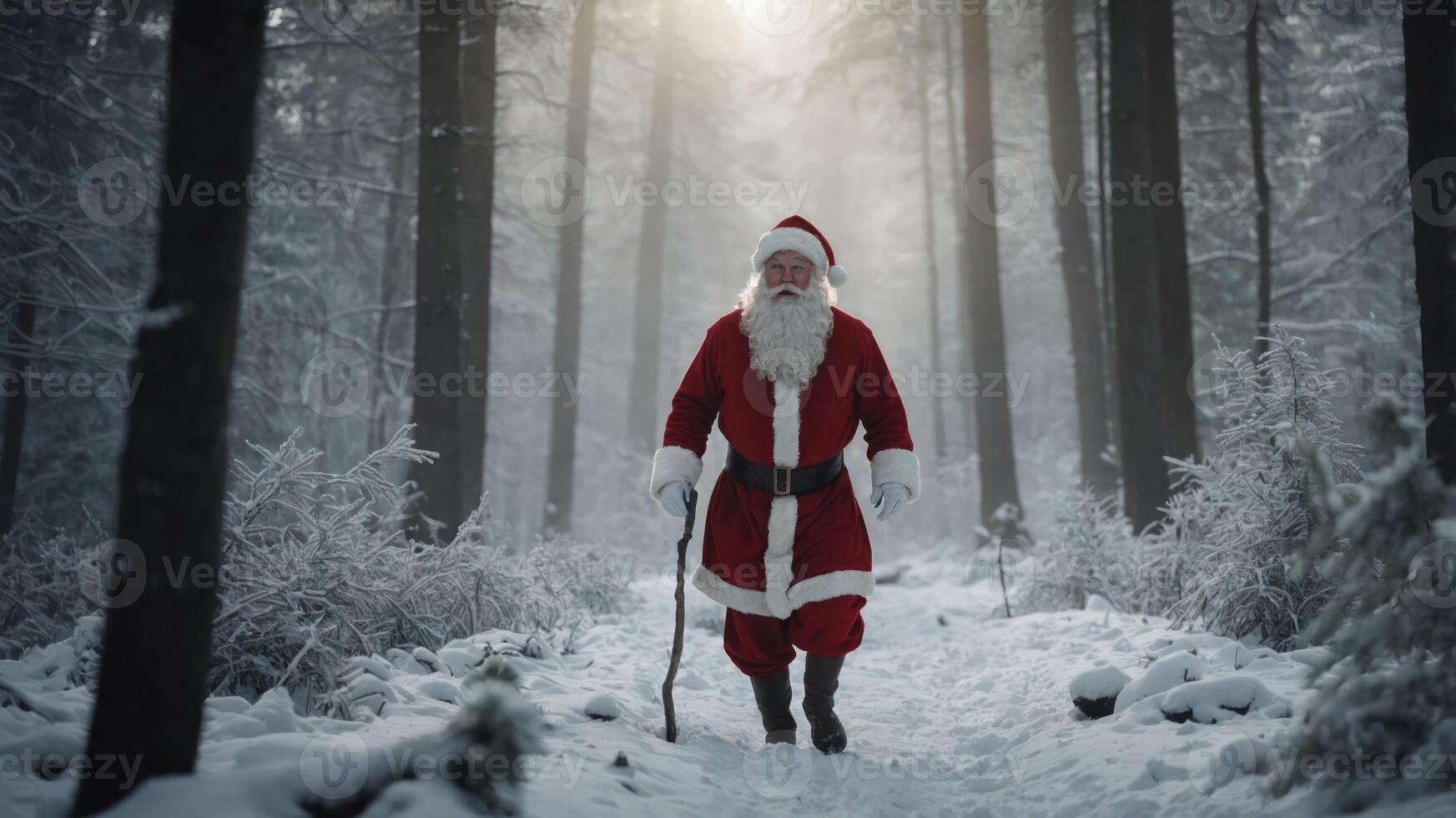 A figure in a red suit walks through a snowy forest, evoking a festive, winter atmosphere. photo