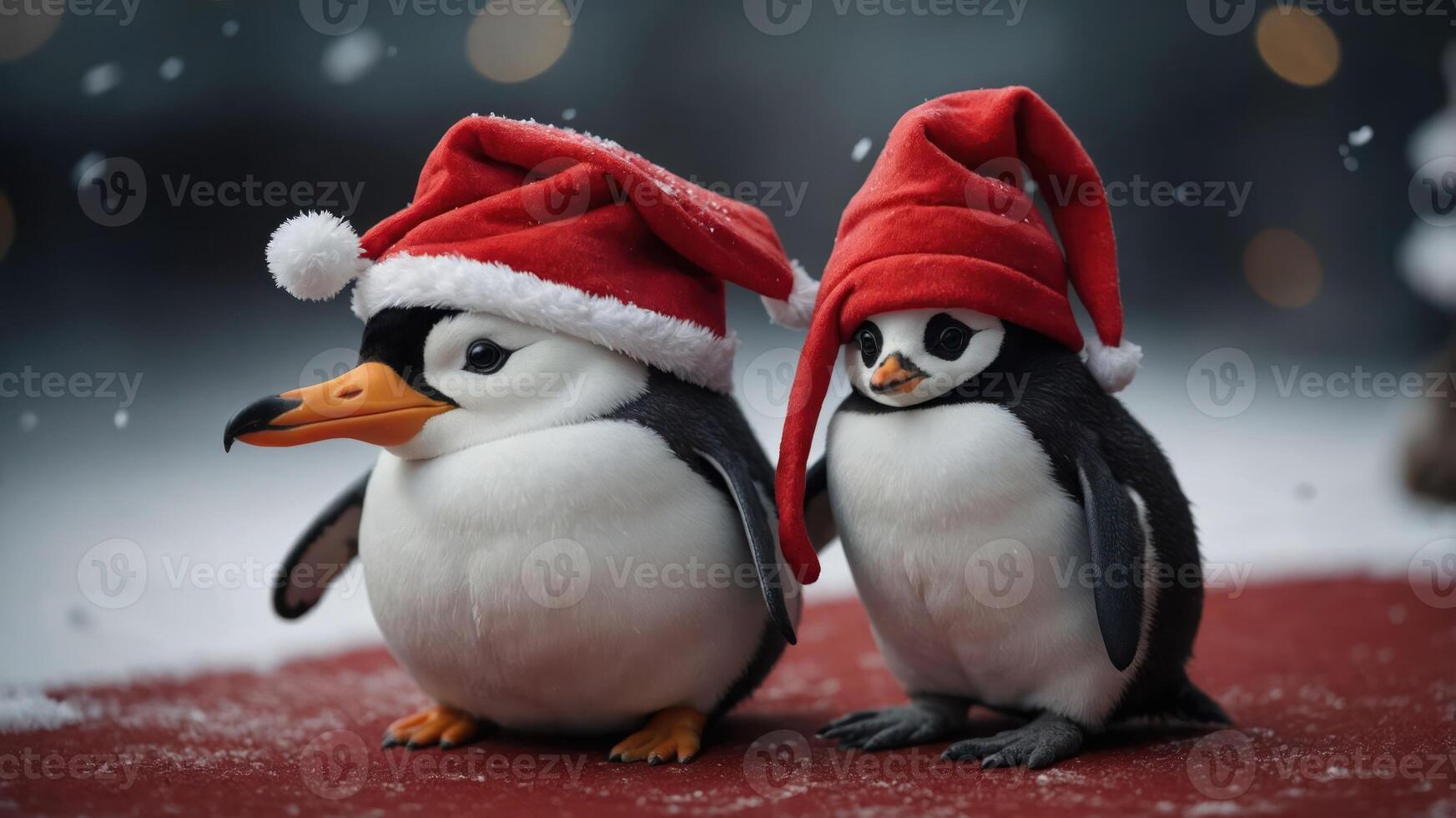 Two penguins wearing red Christmas hats, standing on a festive red surface with snow. photo