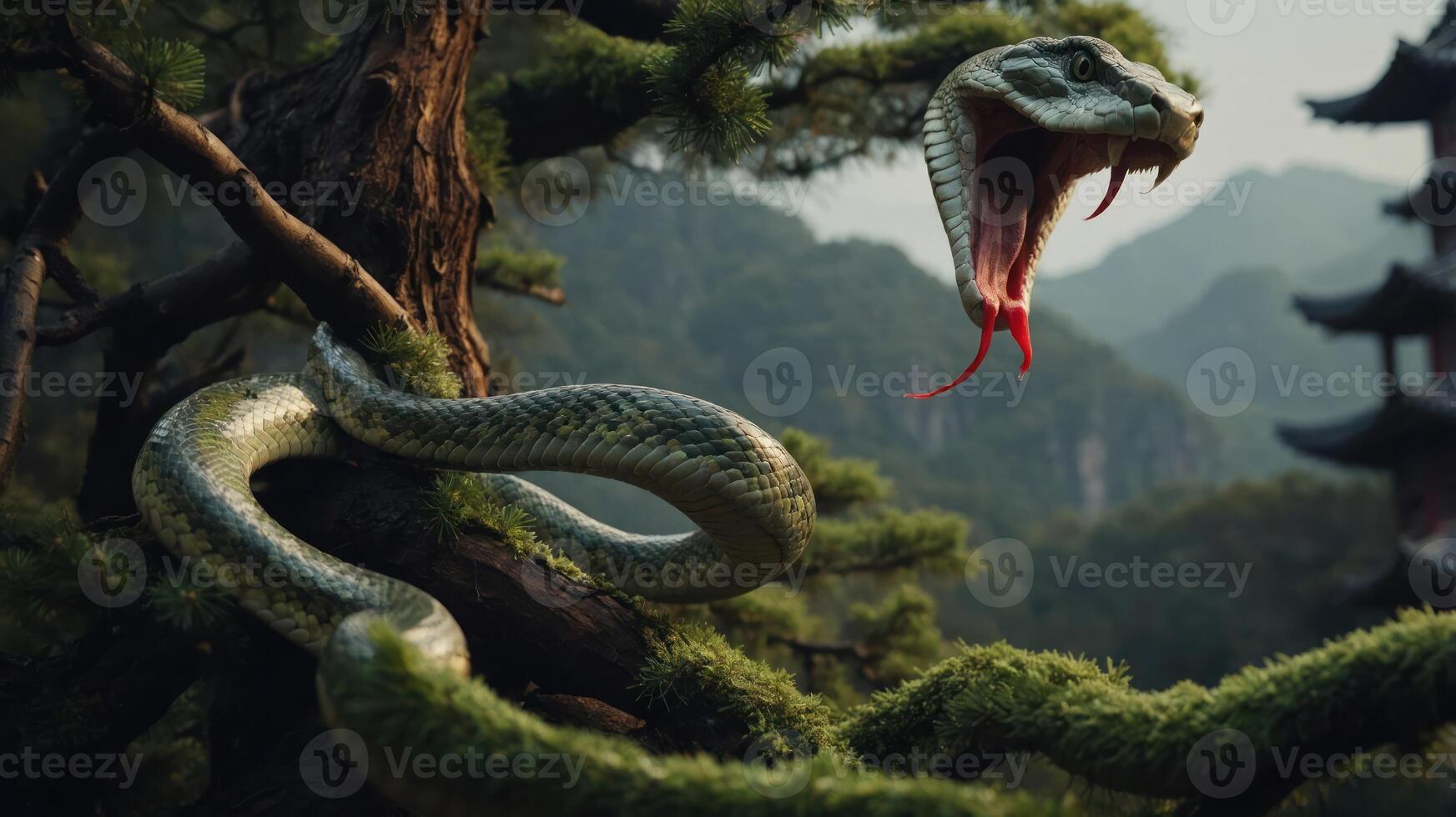 A snake poised on a tree branch, showcasing its open mouth and vibrant surroundings. photo