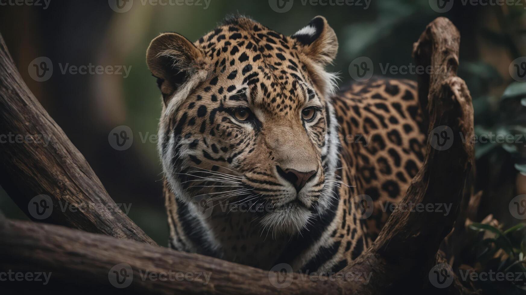 A close-up of a leopard resting on a branch, showcasing its striking fur patterns. photo