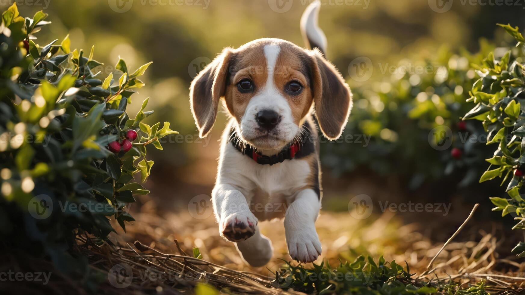 A playful beagle puppy joyfully running through a lush garden path. photo