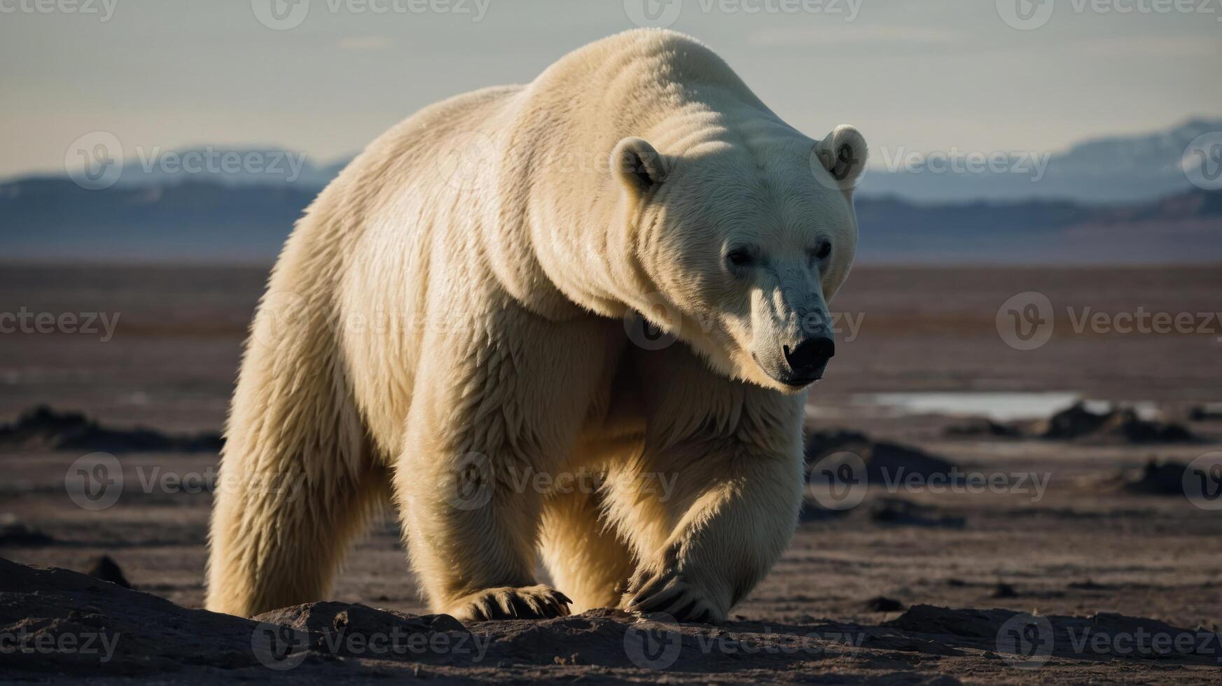 A polar bear stands on a rugged terrain, showcasing its majestic presence in a natural setting. photo