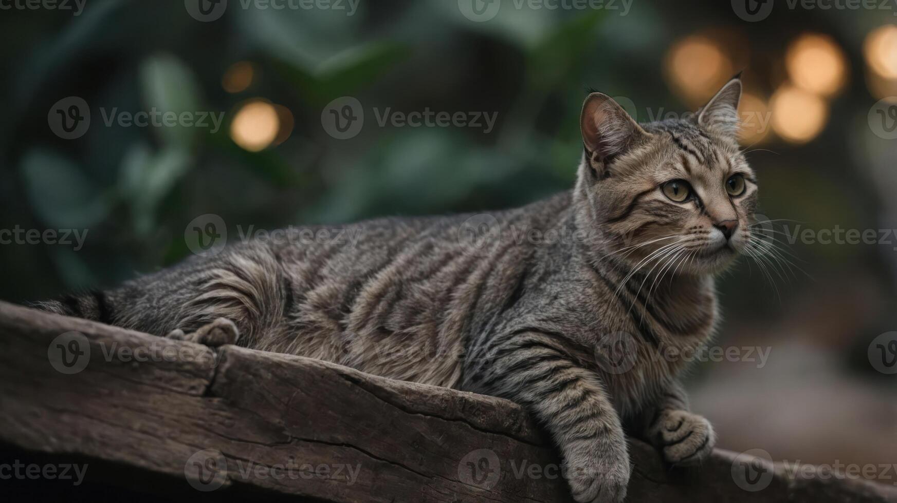 A serene tabby cat lounging on a wooden surface amidst a blurred natural background. photo