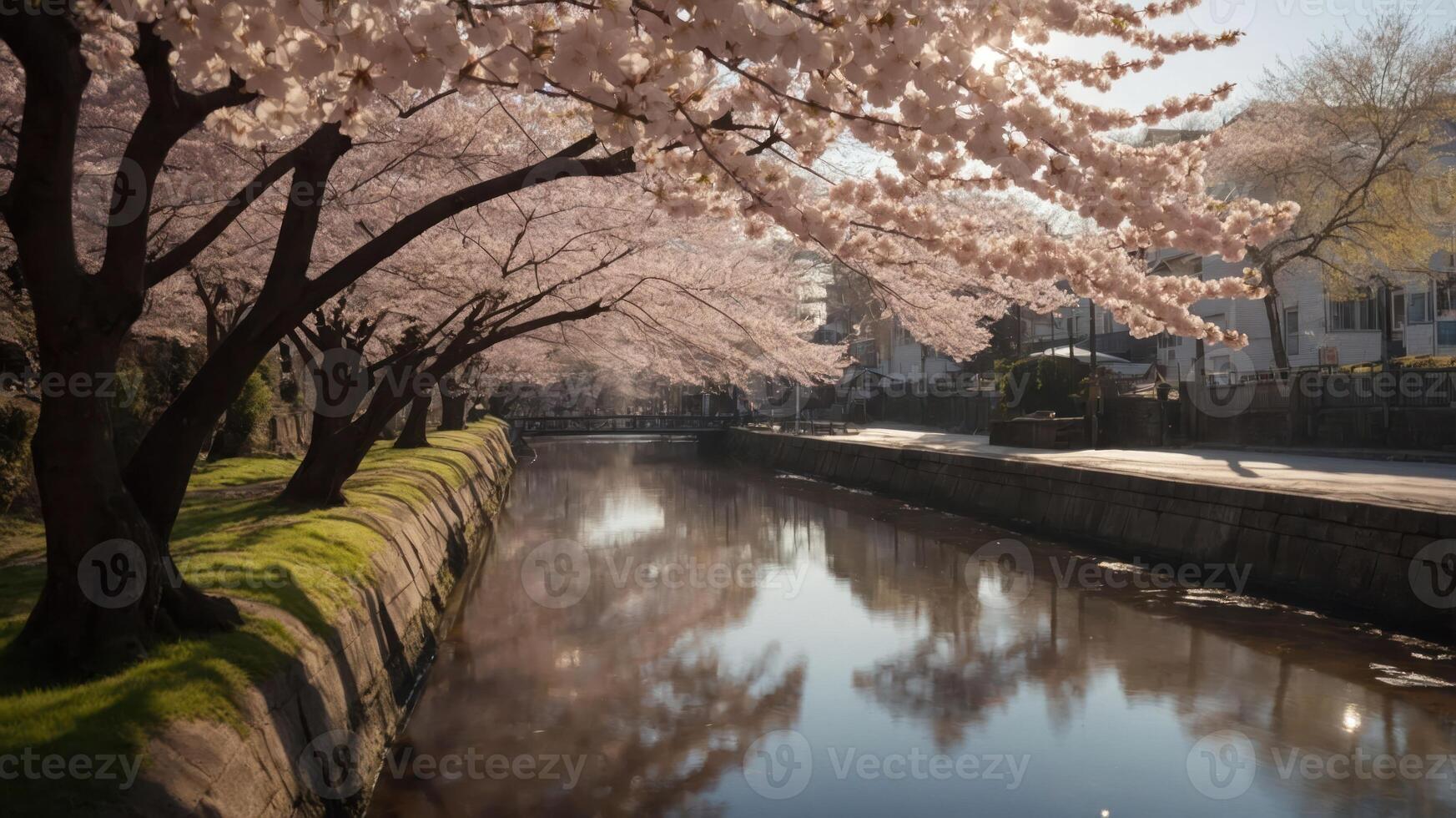 Serene cherry blossoms lining a tranquil canal, reflecting in the water under soft sunlight. photo
