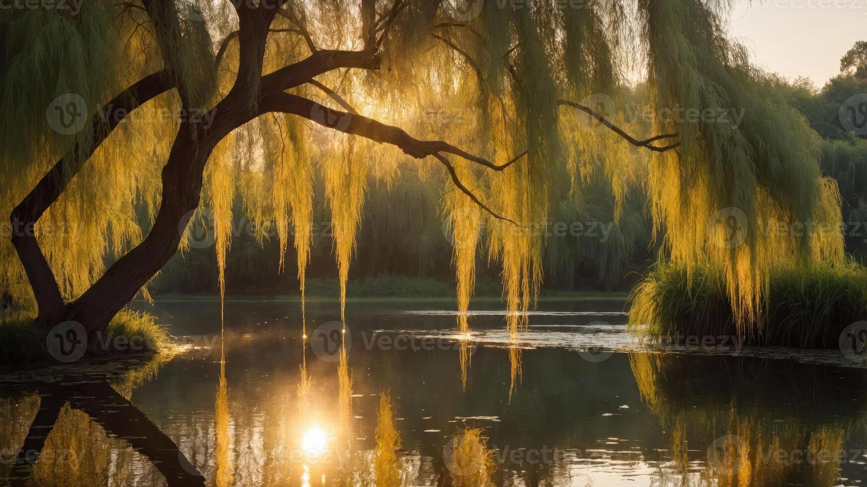 Serene sunset over a tranquil lake, framed by a willow tree and lush greenery. photo