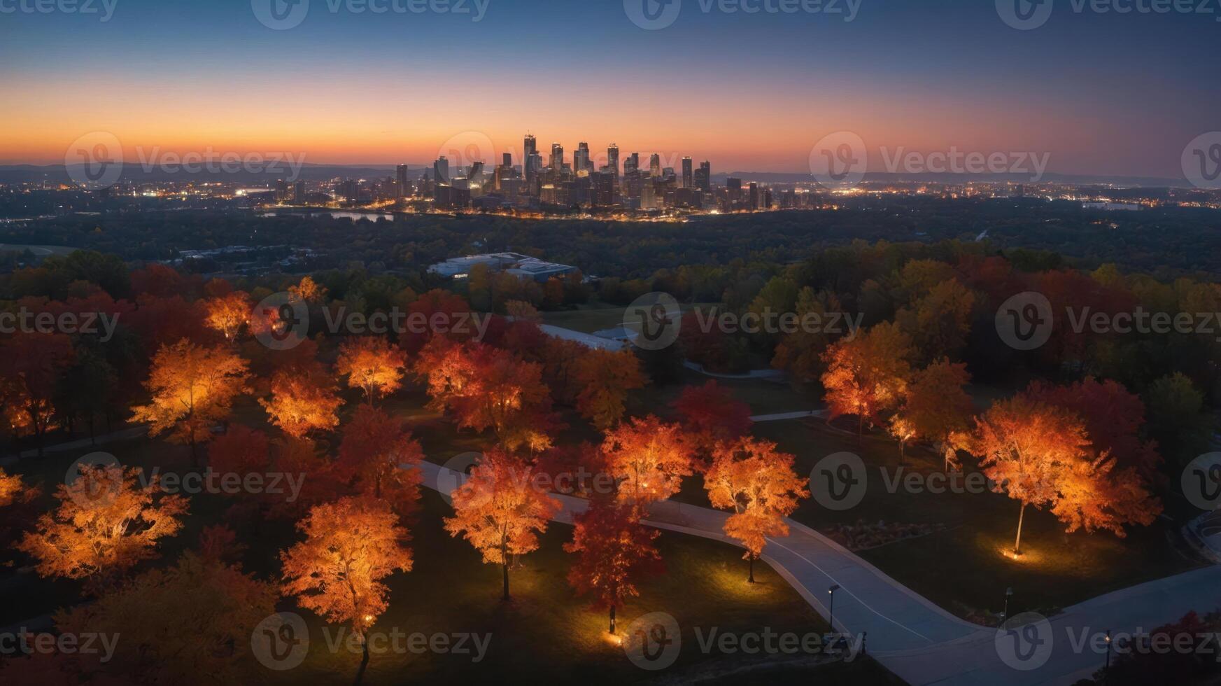 A vibrant autumn landscape with illuminated trees and a city skyline at sunset. photo