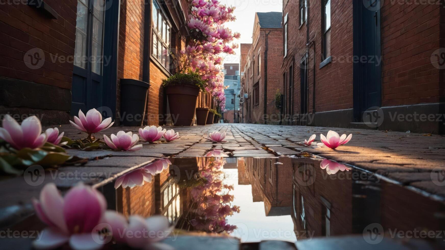 A serene alley adorned with pink flowers and a reflective puddle. photo