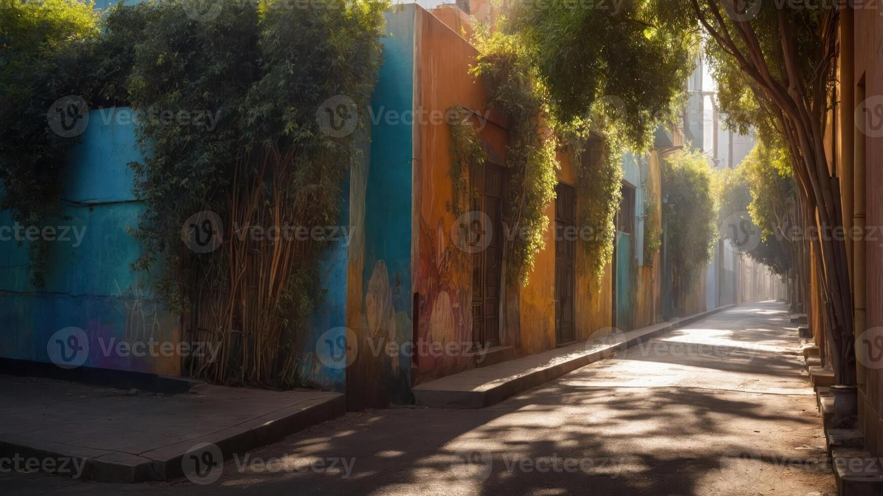 A vibrant alleyway adorned with colorful murals and lush greenery, bathed in soft sunlight. photo