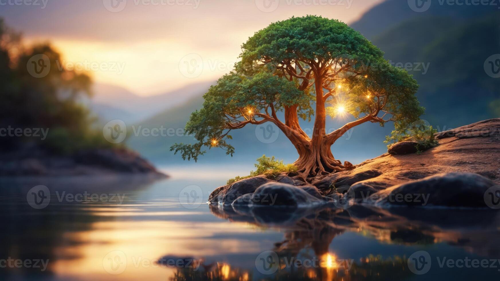 A serene tree with glowing lights by a calm lake at sunset, reflecting nature's beauty. photo