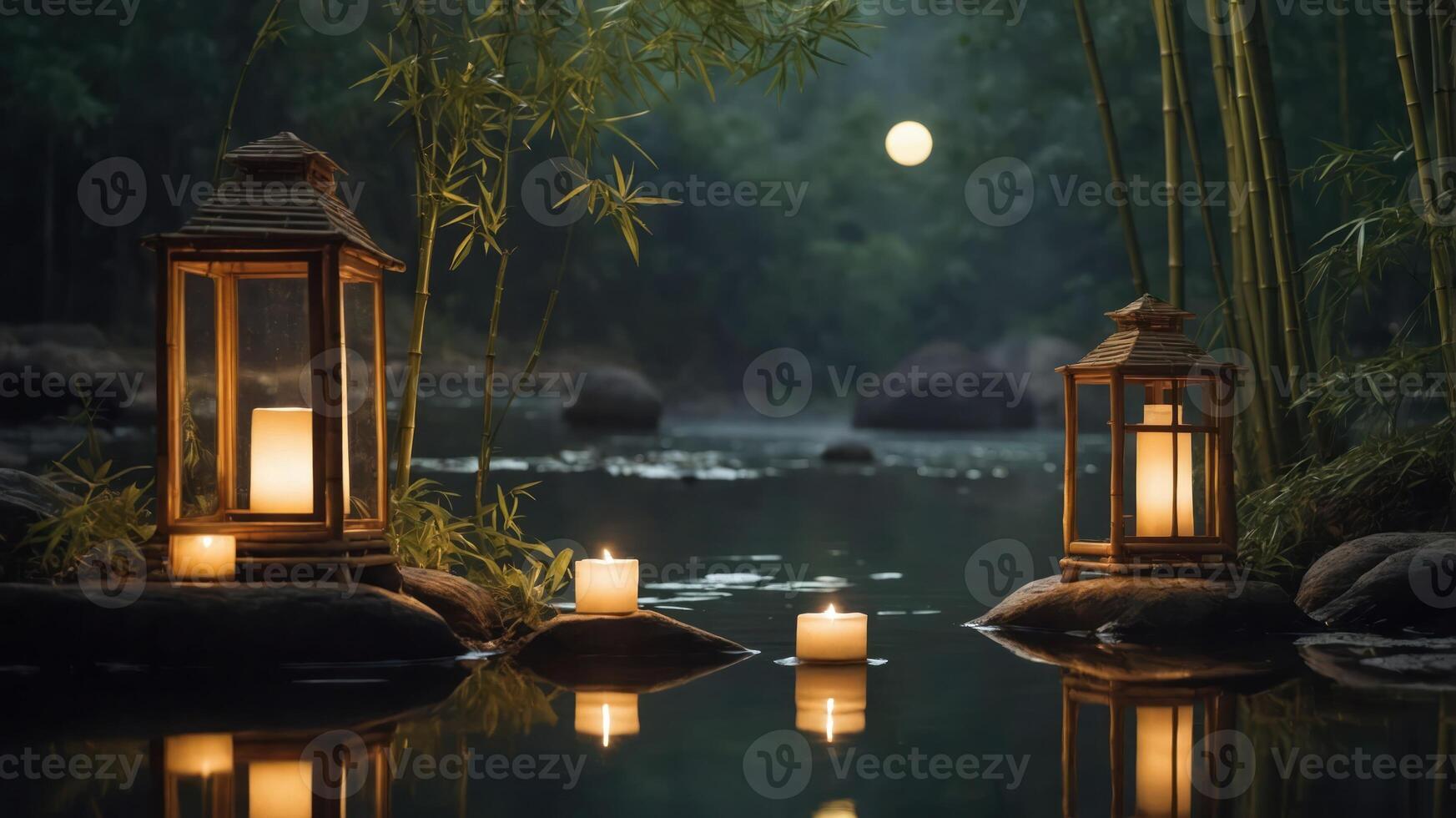 Tranquil scene with lanterns and candles by a serene water body under a full moon. photo