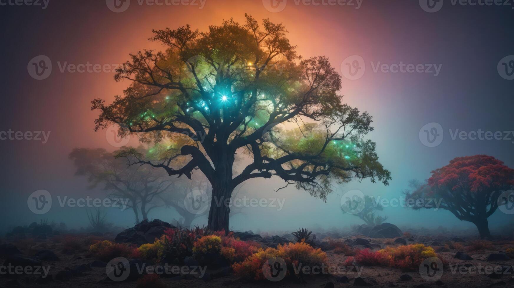 A mystical landscape featuring illuminated trees in a foggy environment. photo