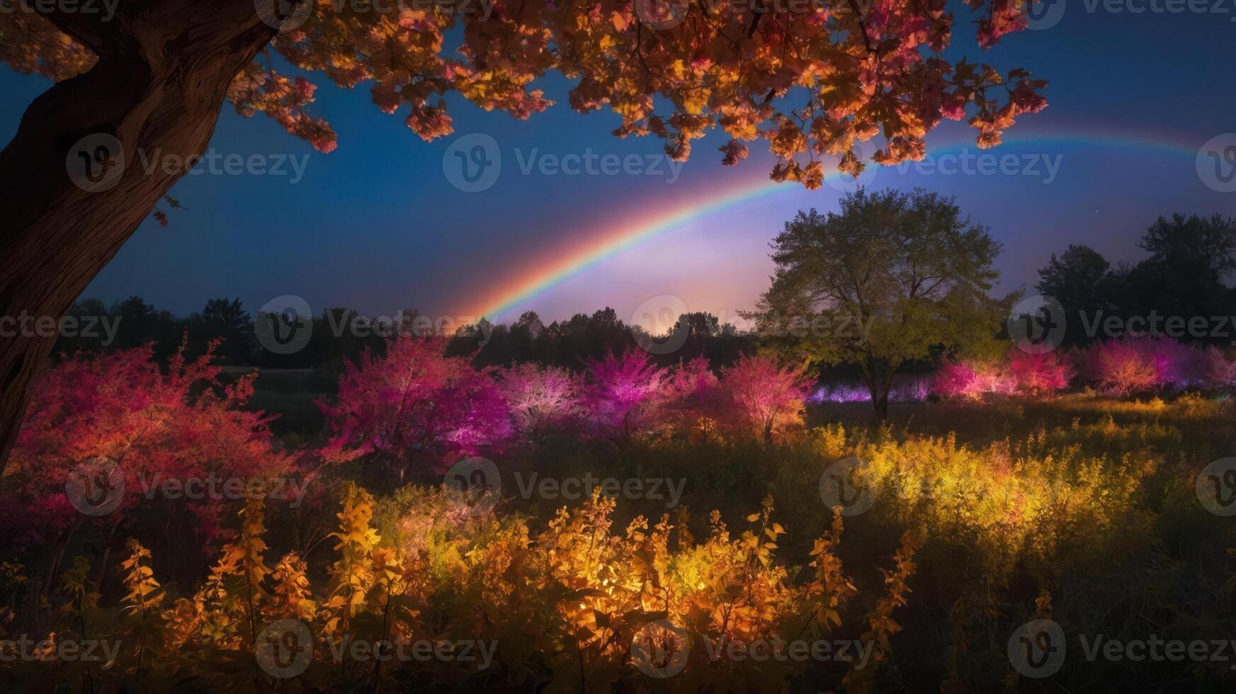A vibrant landscape at dusk featuring colorful plants and a rainbow. photo