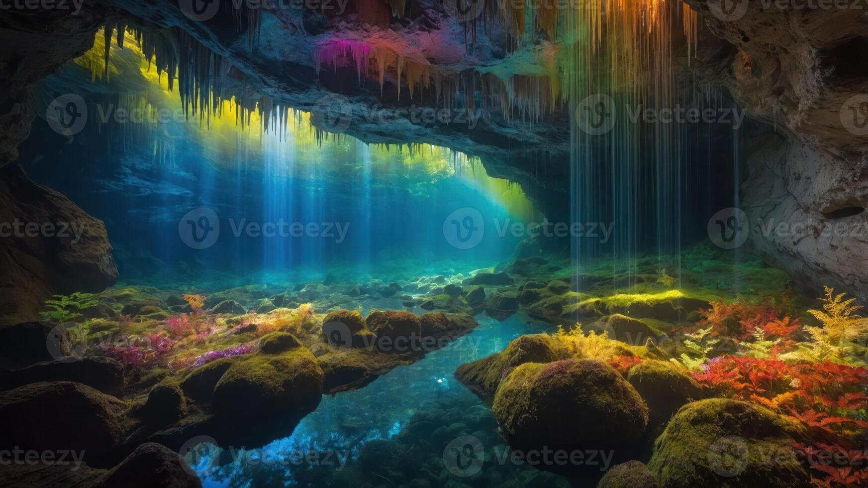 A vibrant underwater cave with colorful flora and cascading light effects. photo