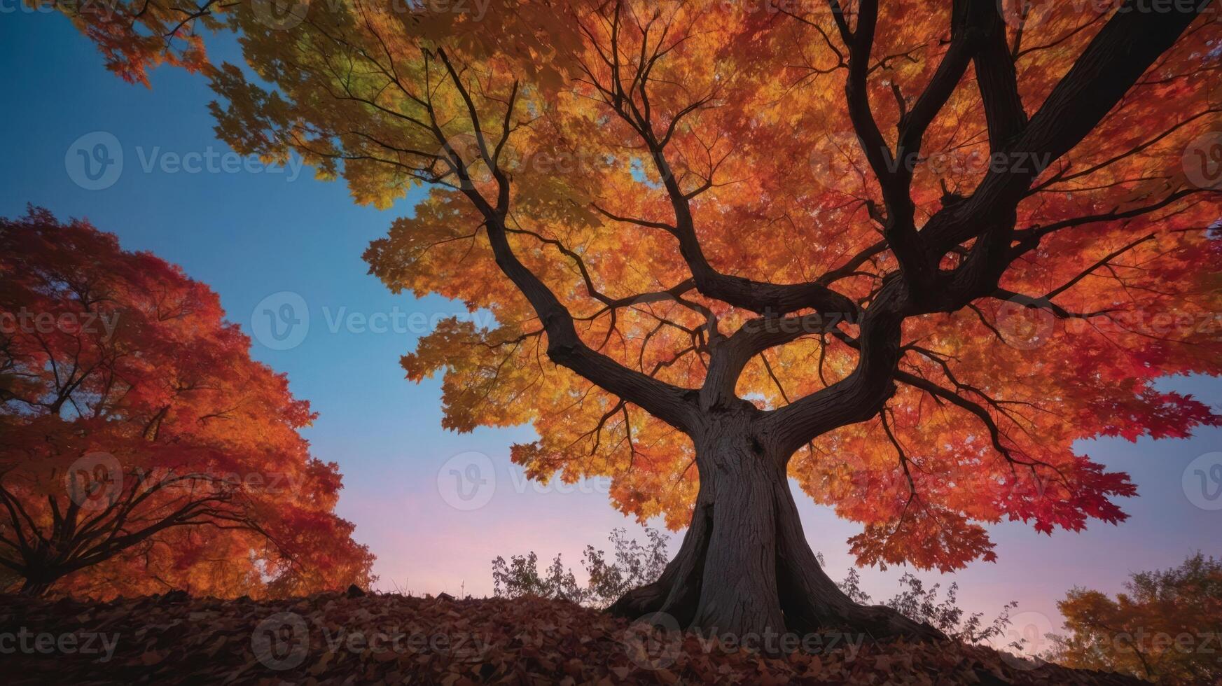 A majestic tree with vibrant autumn leaves against a colorful sky at dusk. photo