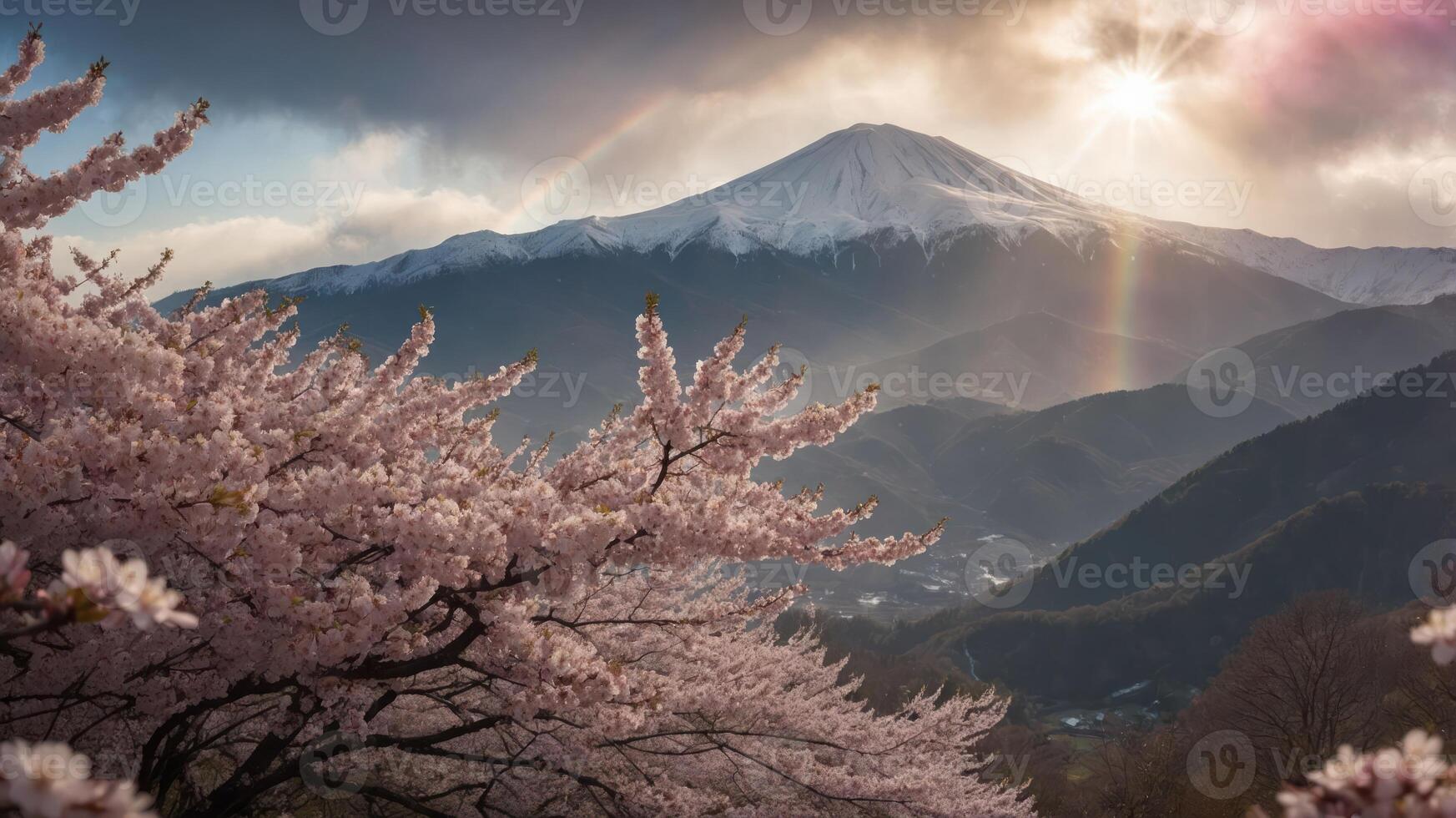 A serene view of Mount Fuji framed by cherry blossoms under a rainbow-lit sky. photo