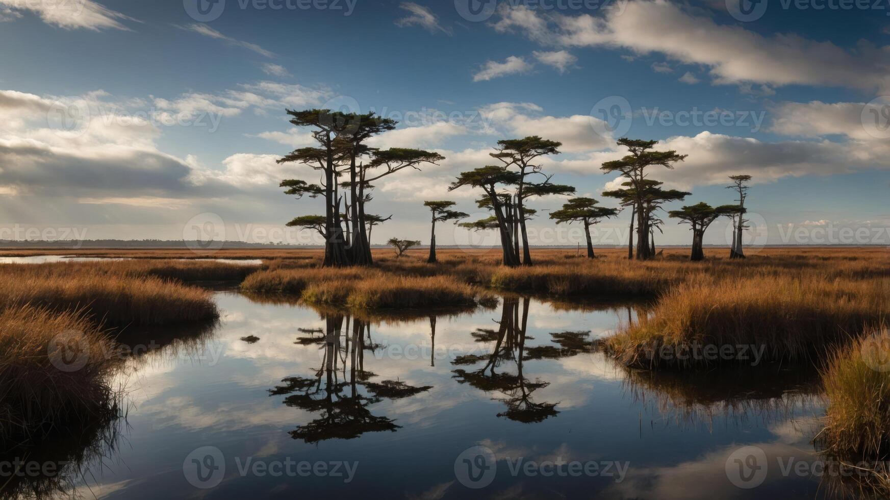Serene landscape with trees reflecting in calm waters under a cloudy sky. photo
