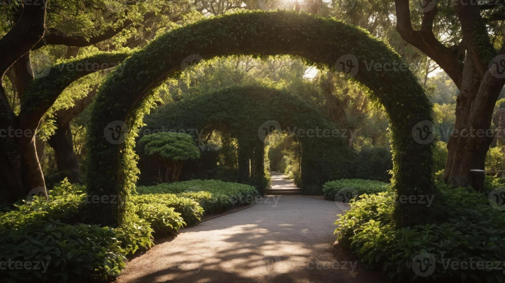 Lush garden pathway with arched greenery and sunlight filtering through trees. photo