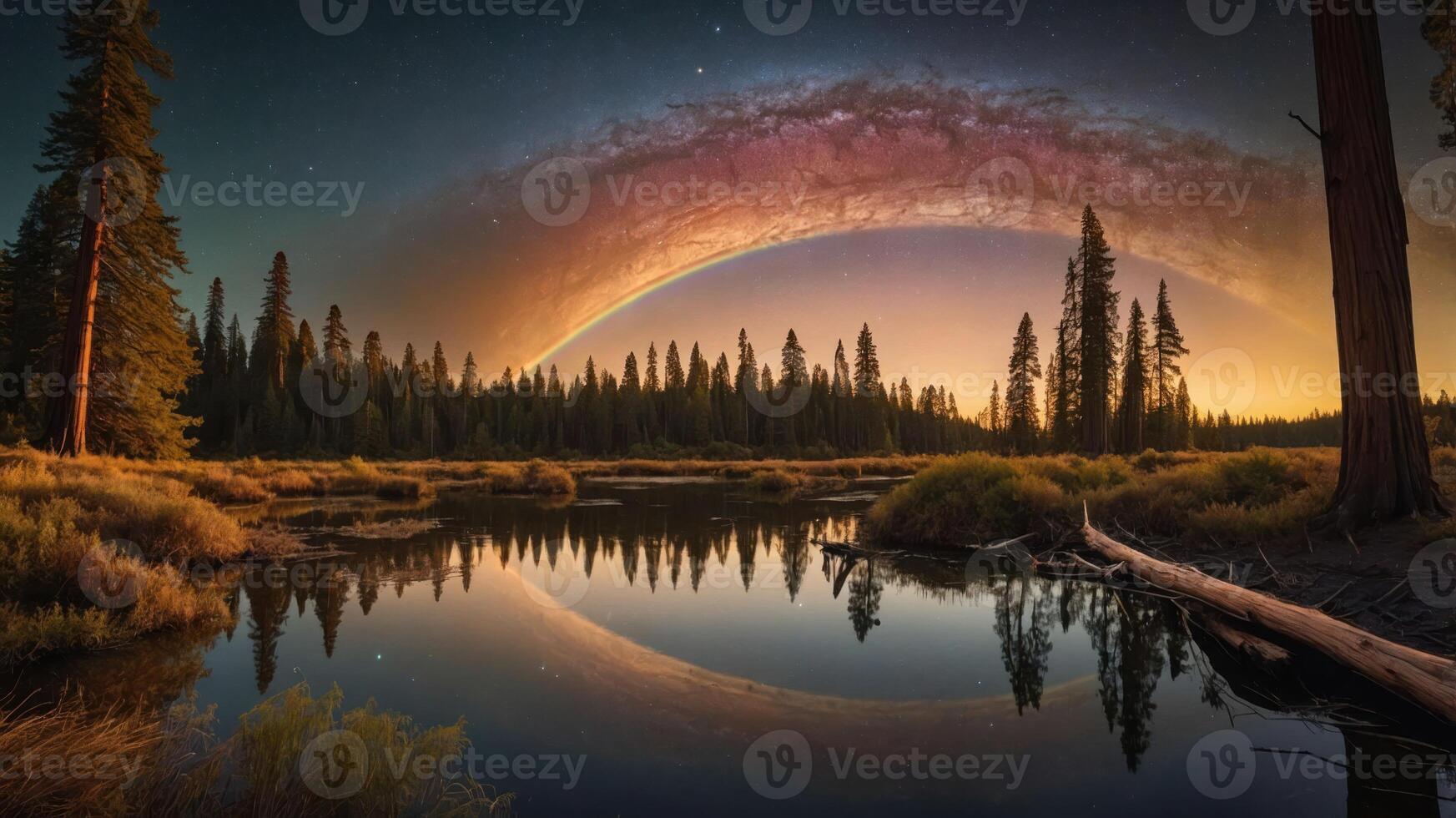 Serene landscape at dusk with a starry sky and reflection on calm water. photo