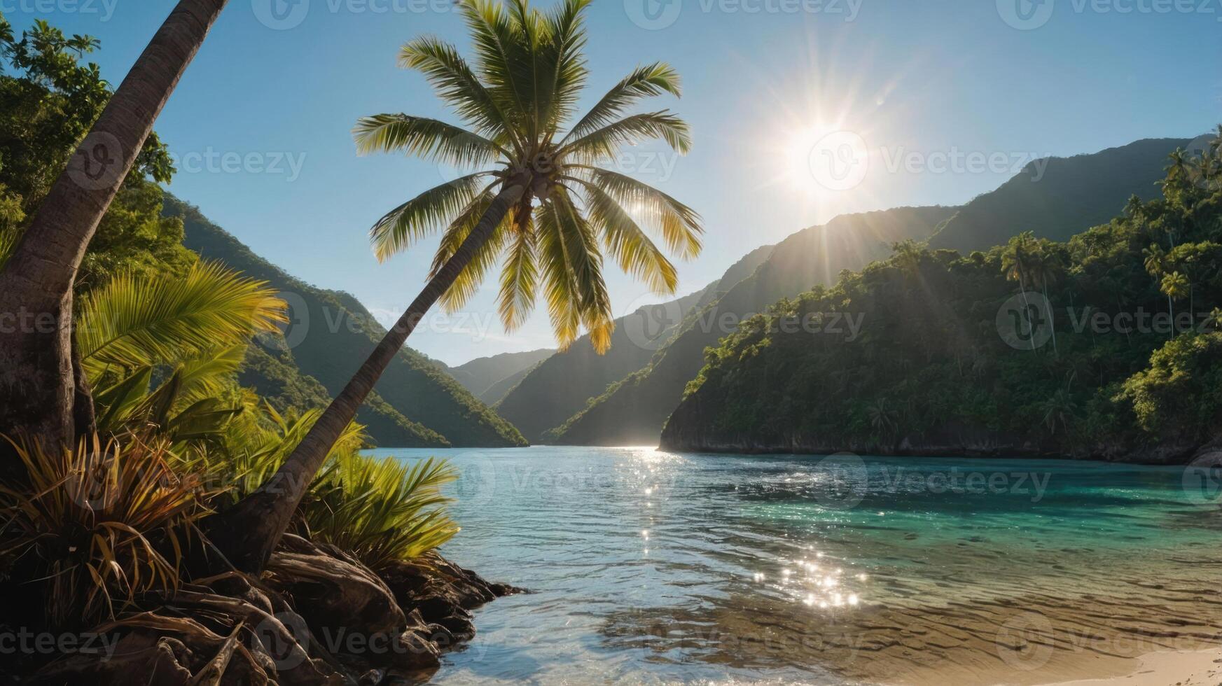Serene tropical landscape with palm trees, mountains, and a sunlit bay. photo