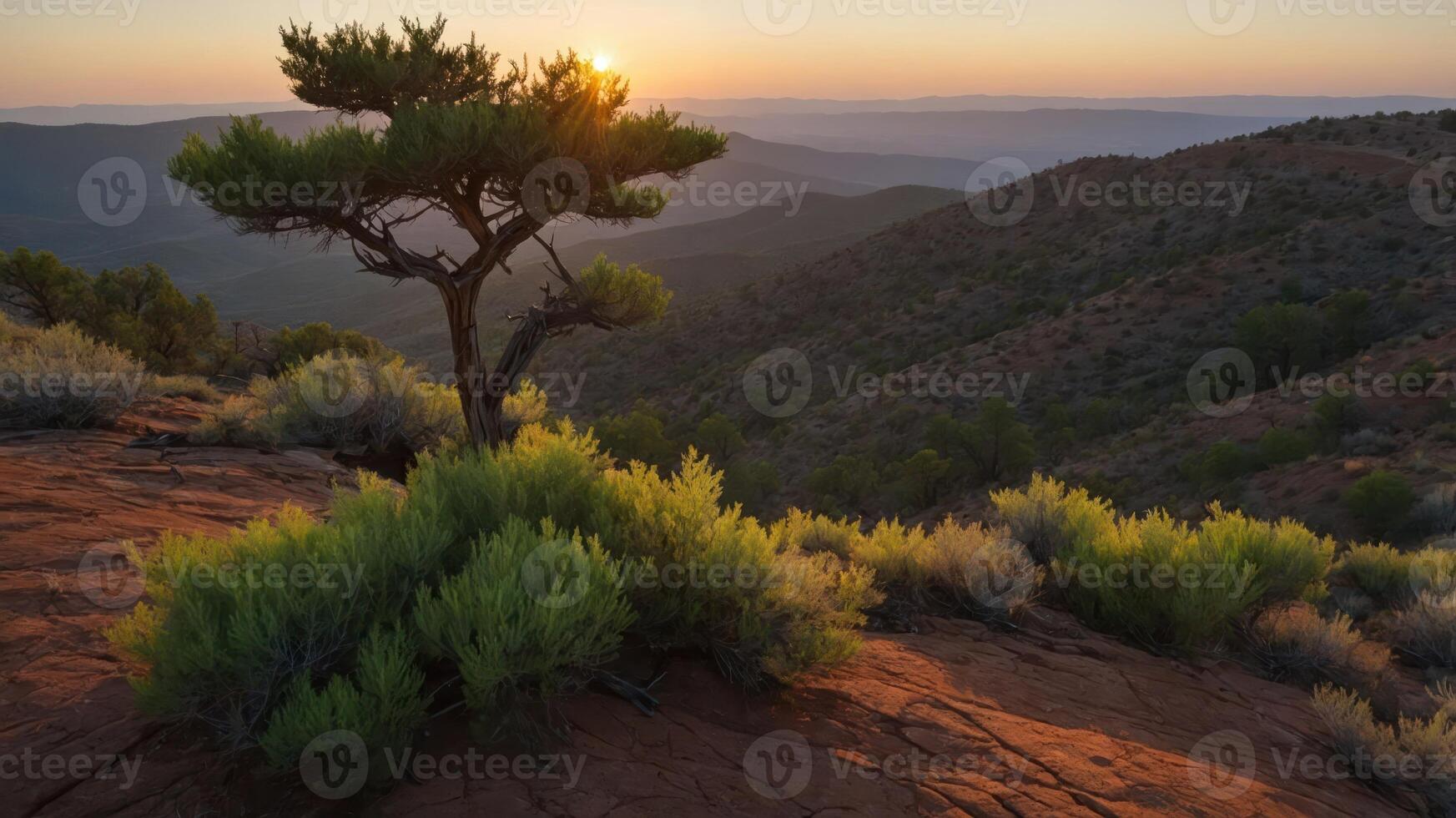 A serene sunset over mountains with a solitary tree and lush vegetation in the foreground. photo