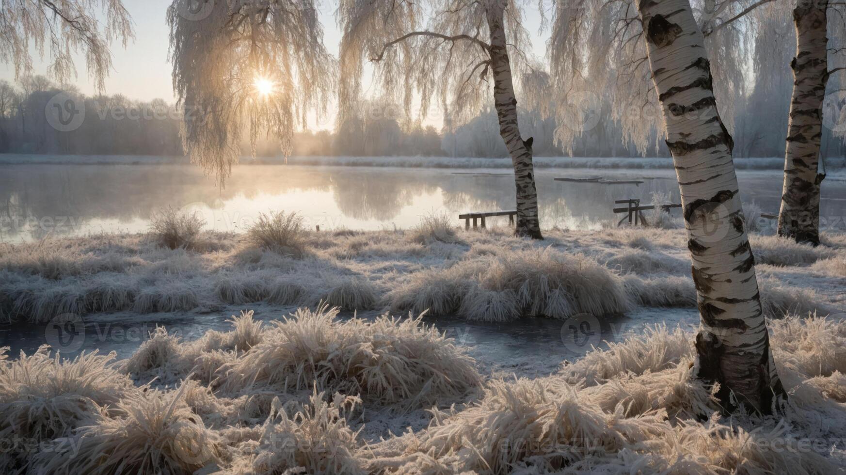 Frosty landscape with trees and a serene lake at sunrise, showcasing winter beauty. photo