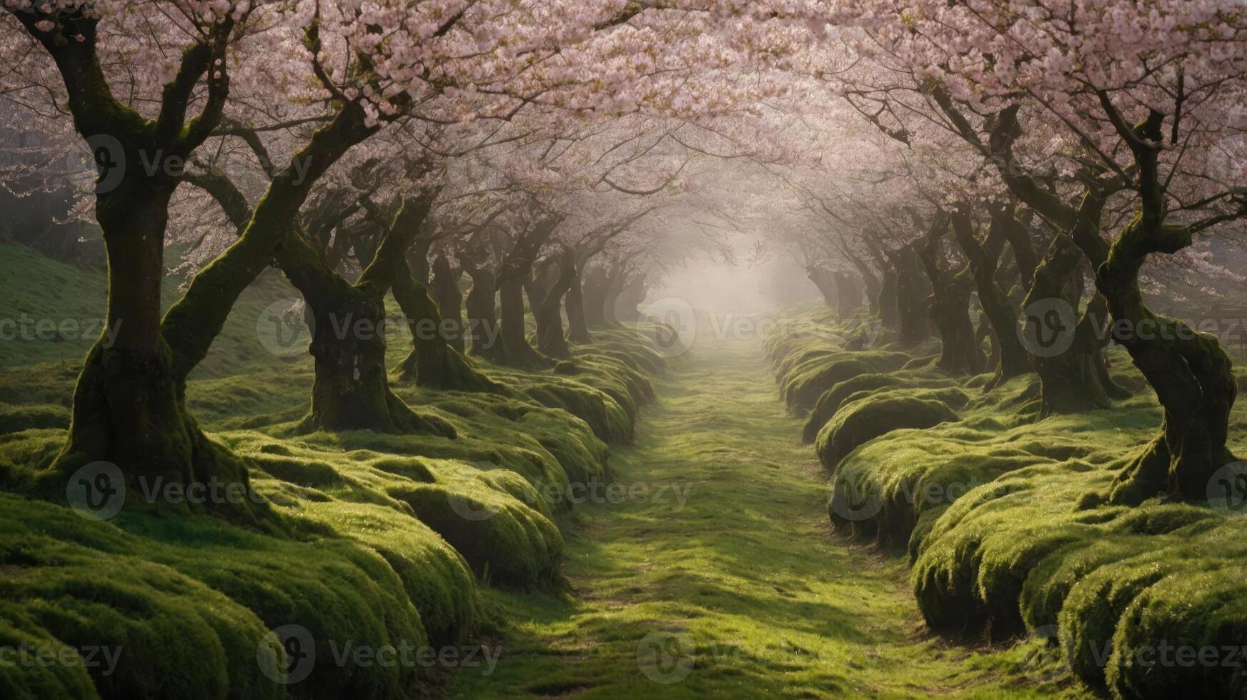 Serene pathway lined with cherry blossom trees and lush green moss. photo