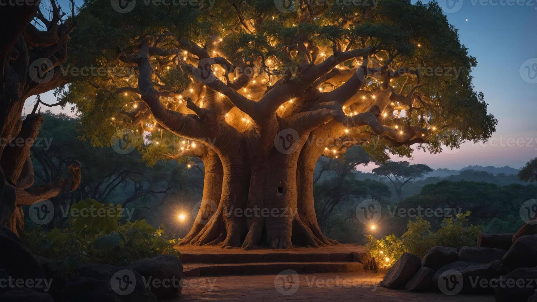 A majestic tree illuminated with lights, surrounded by a serene landscape at dusk. photo