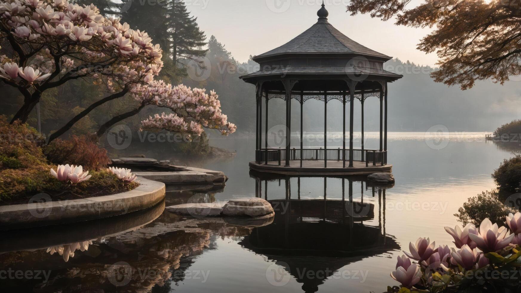 Serene lakeside gazebo surrounded by blooming flowers and misty trees at dawn. photo