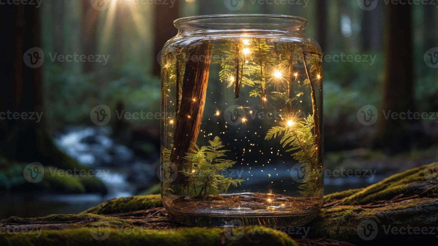 A glass jar filled with ferns and glowing lights, set in a serene forest environment. photo