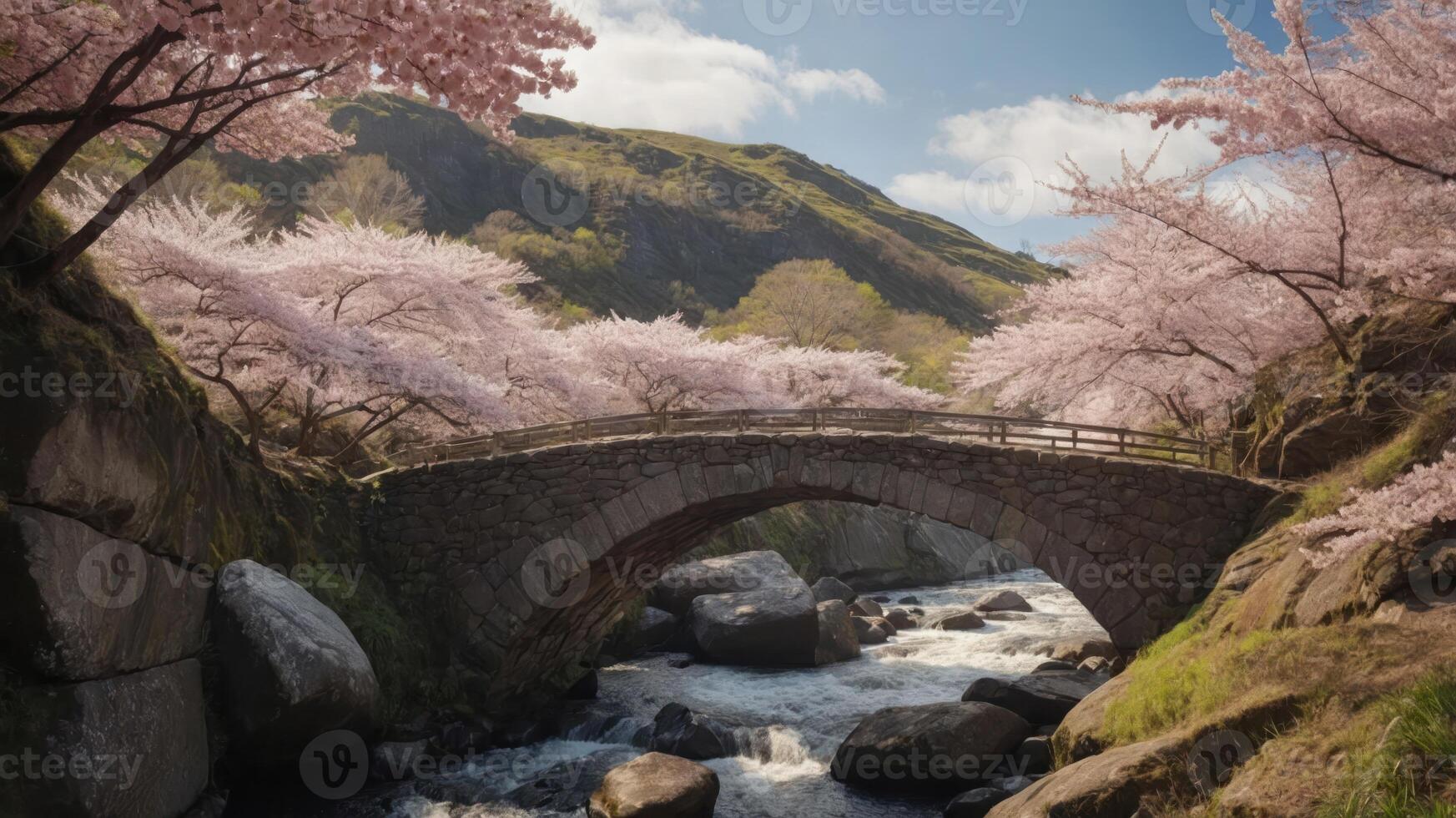 A serene landscape featuring a stone bridge surrounded by blooming cherry blossom trees. photo