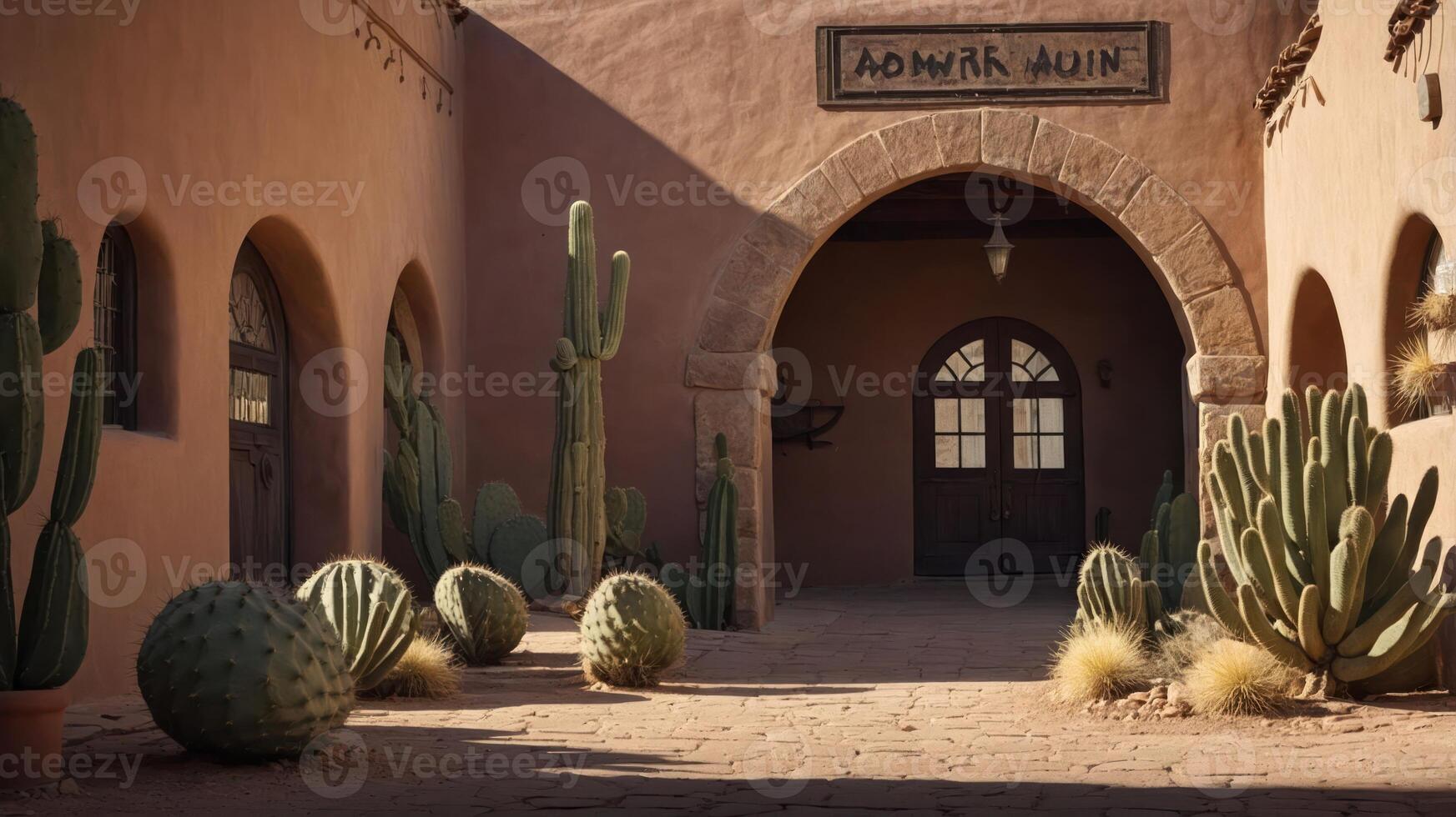 A serene courtyard featuring cacti and adobe architecture under soft lighting. photo