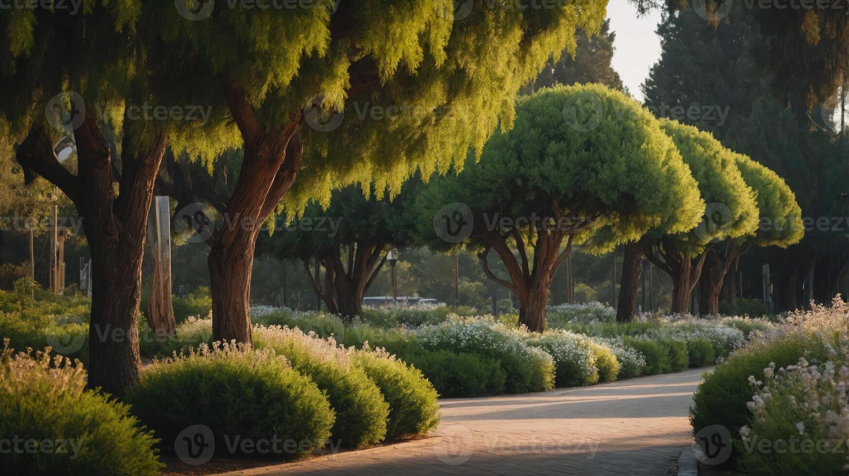 Serene park pathway lined with lush trees and flowering shrubs, inviting relaxation and nature appreciation. photo