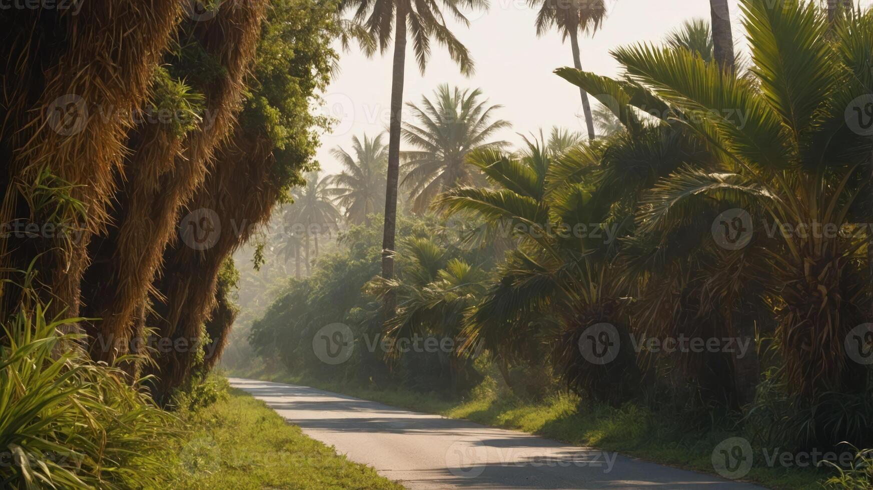 A serene road lined with tall palm trees in a lush, tropical environment. photo