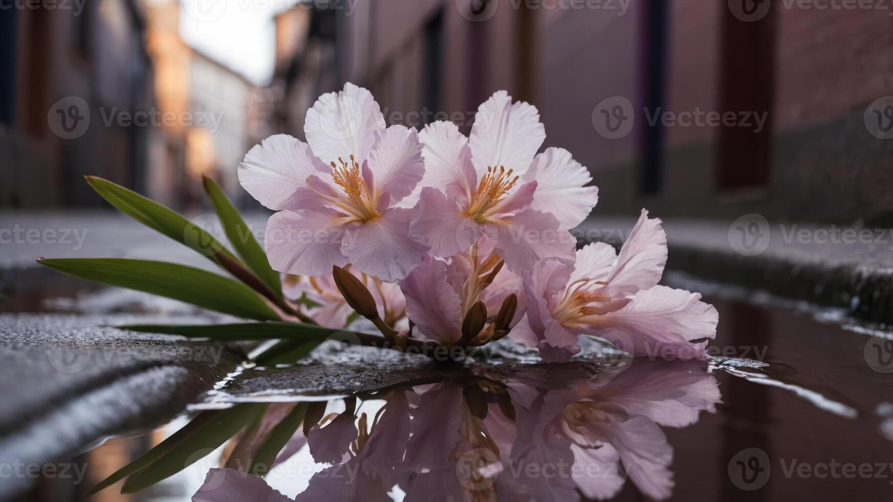 A delicate pink flower reflects in a puddle on a quiet street, capturing nature's beauty. photo