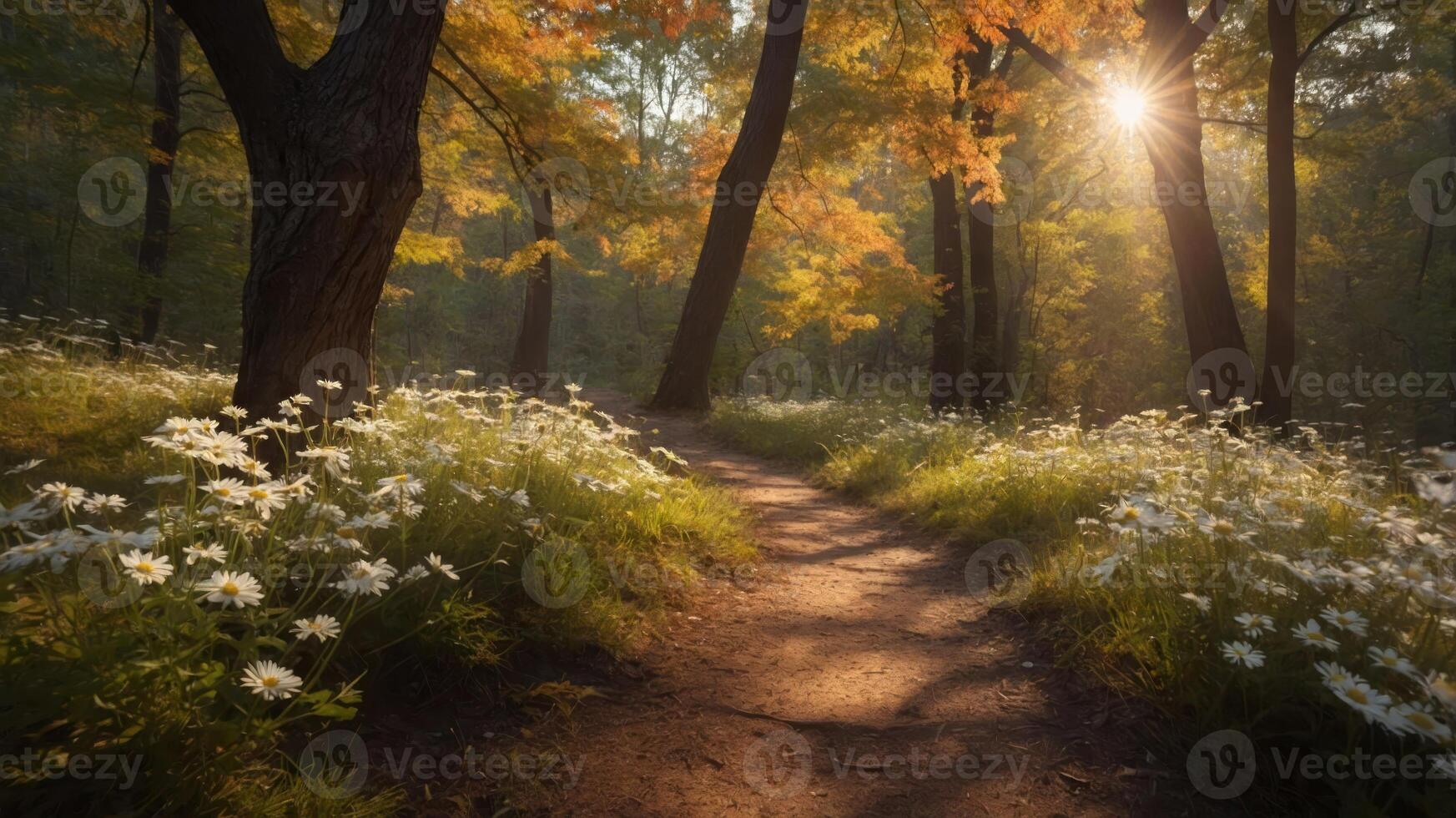 A serene forest path lined with flowers, illuminated by soft sunlight through trees. photo