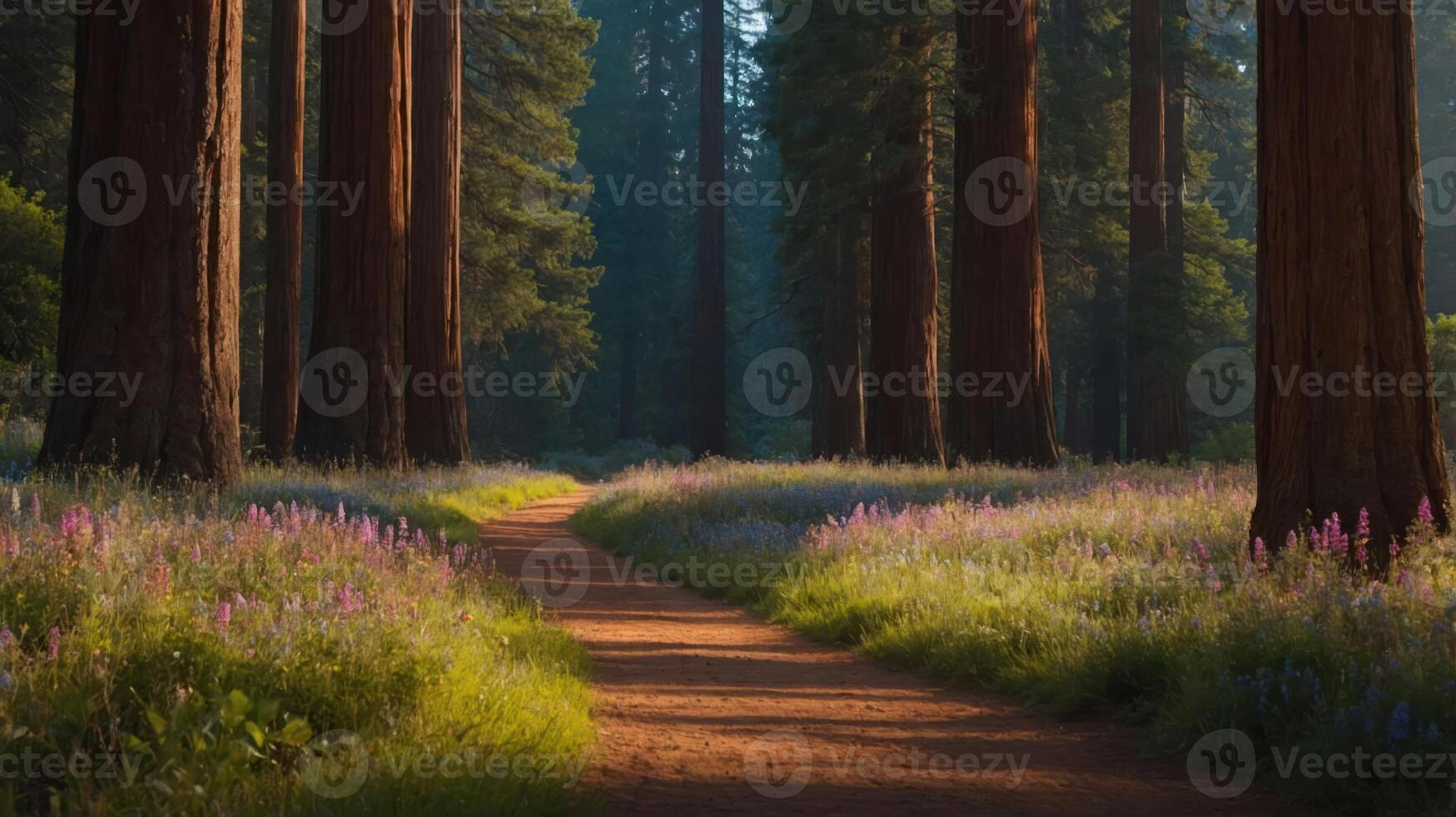 A serene forest path lined with vibrant wildflowers and towering trees in soft morning light. photo