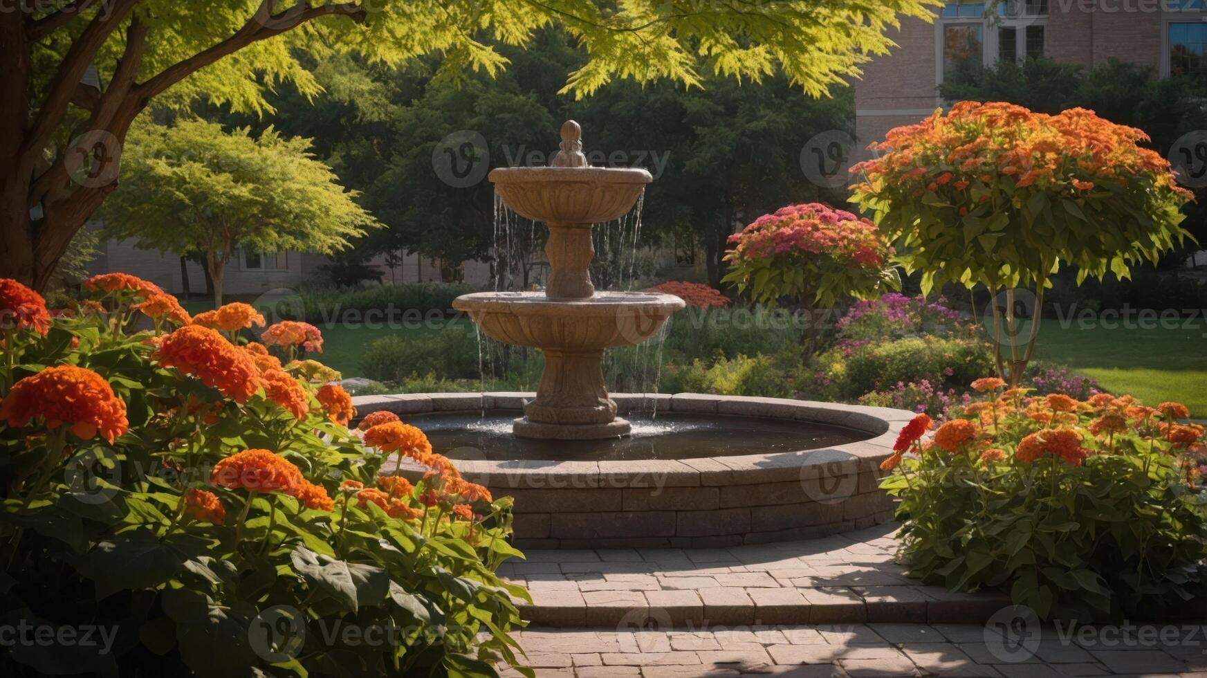 A serene garden scene featuring a fountain surrounded by vibrant flowers and lush greenery. photo