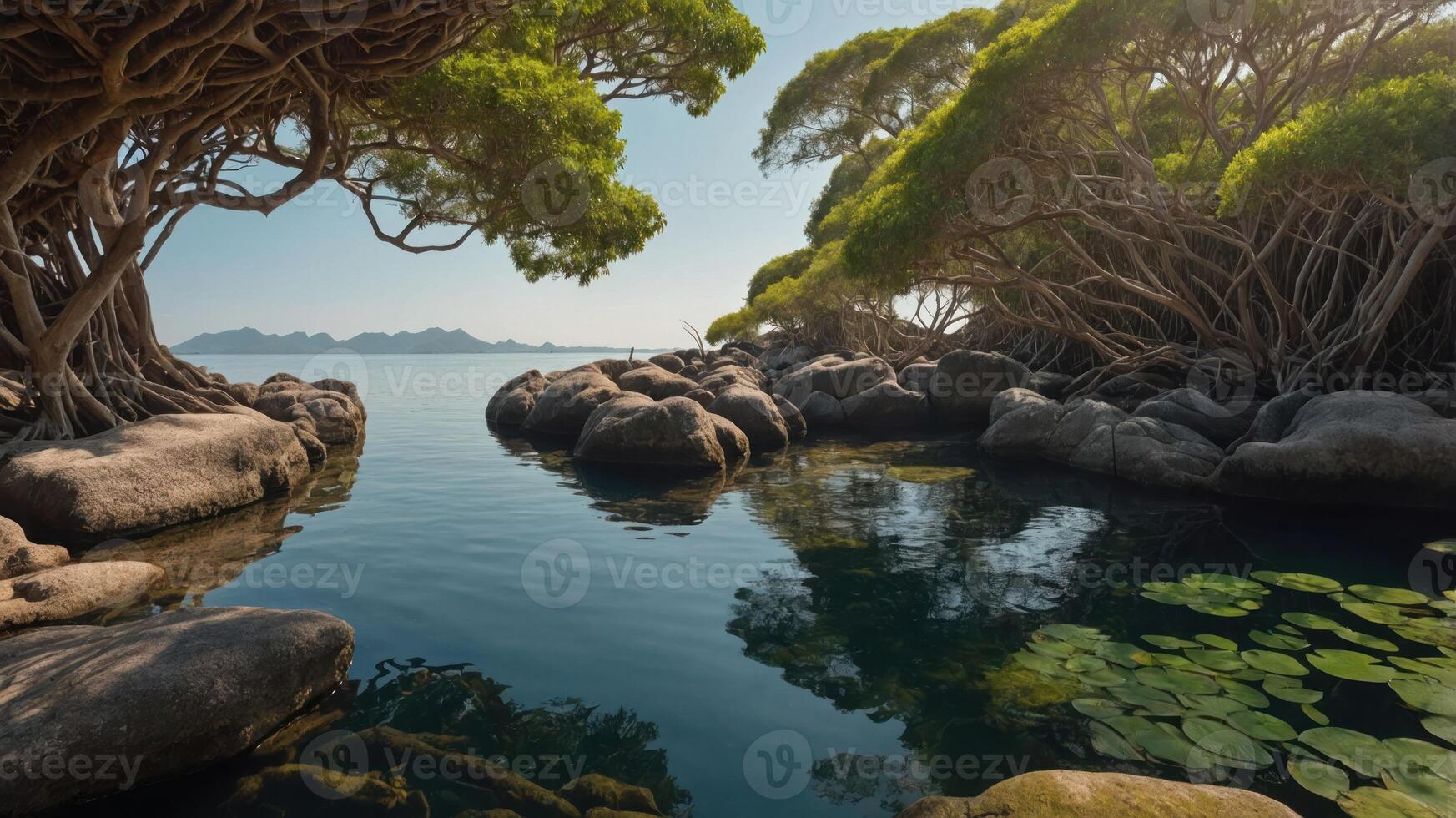 Tranquil mangrove scene with calm waters and lush greenery reflecting in the water. photo