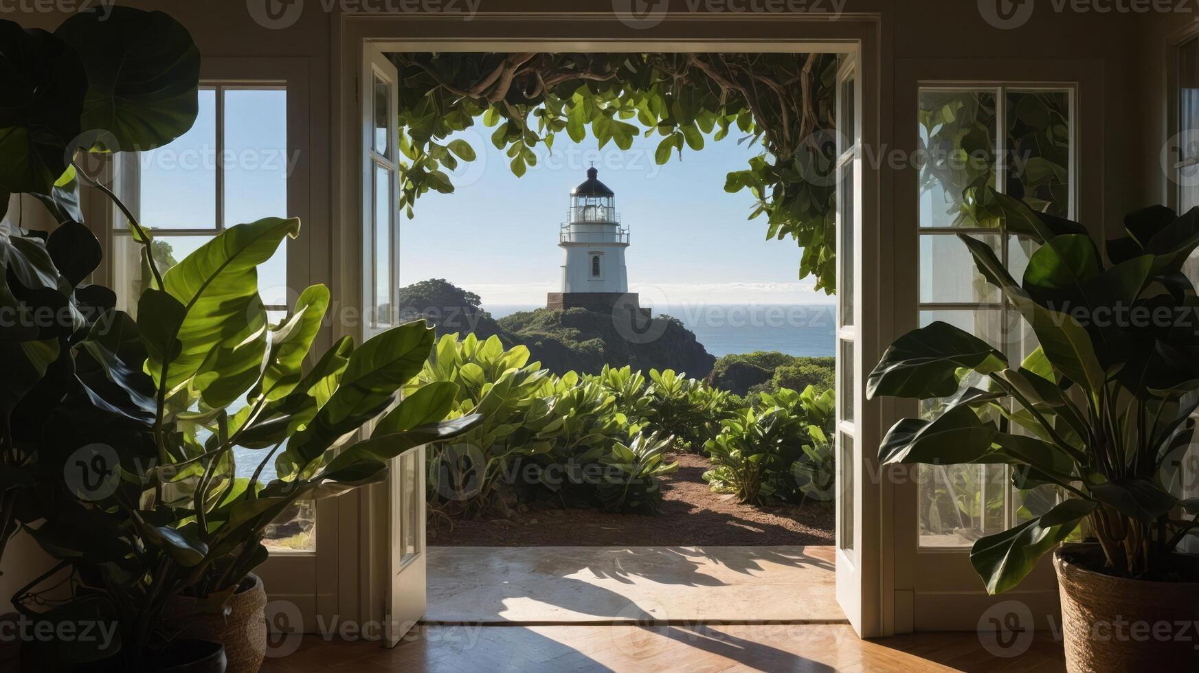 A scenic view of a lighthouse framed by lush plants through open doors. photo