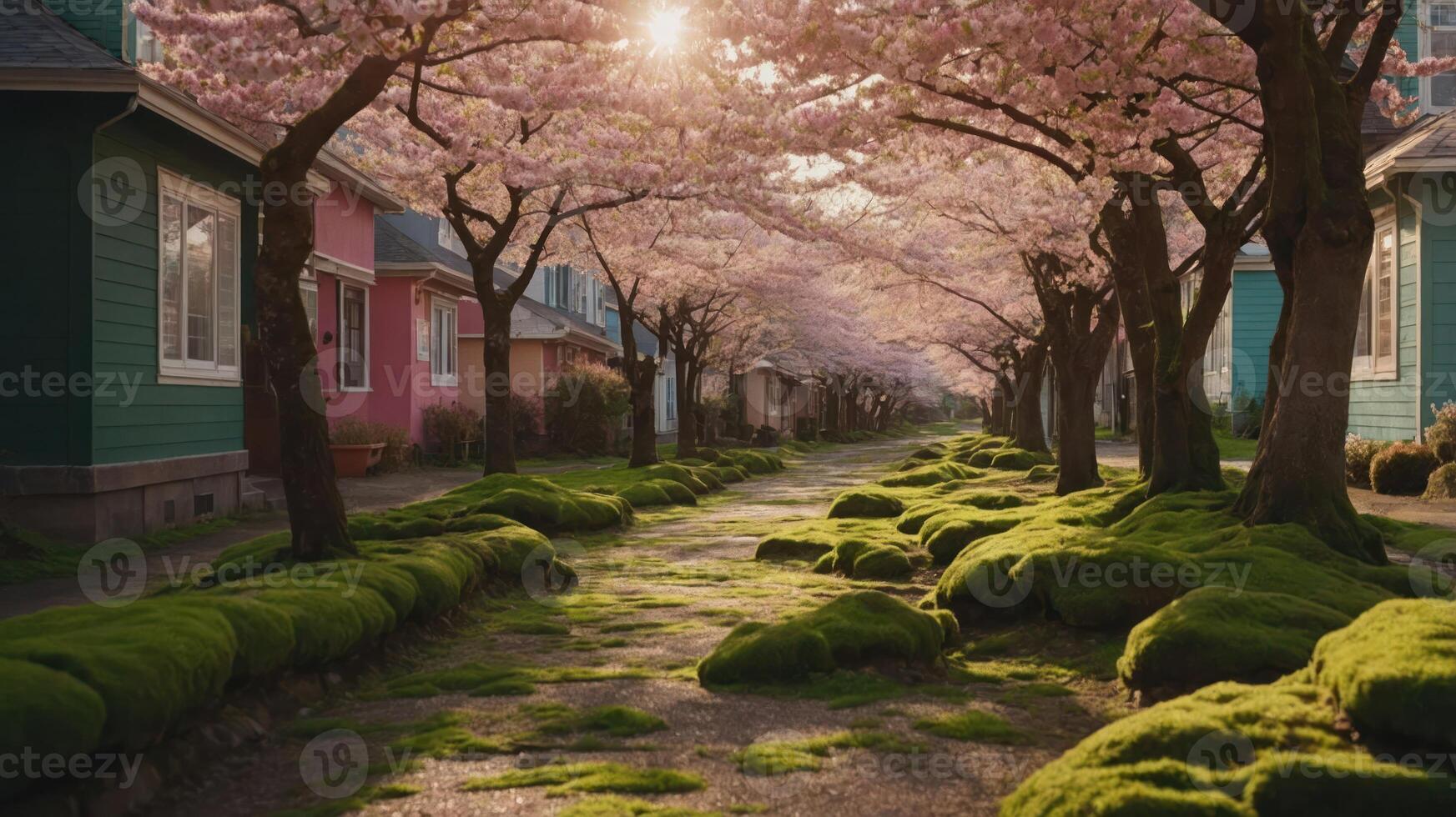 Serene street lined with cherry blossom trees, creating a peaceful, picturesque scene. photo