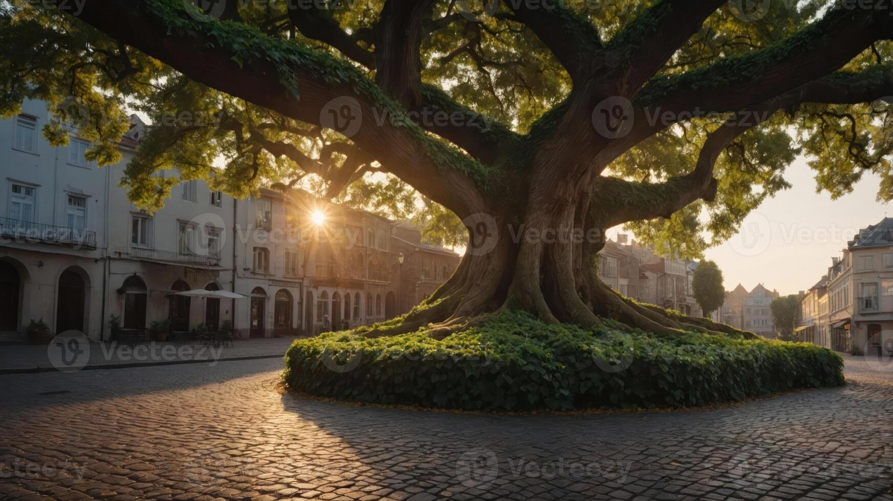 A majestic tree stands in a cobblestone square, illuminated by the sunset. photo