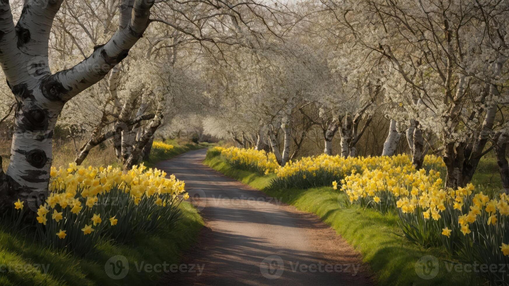 A serene pathway lined with blooming daffodils and trees, inviting tranquility and nature's beauty. photo