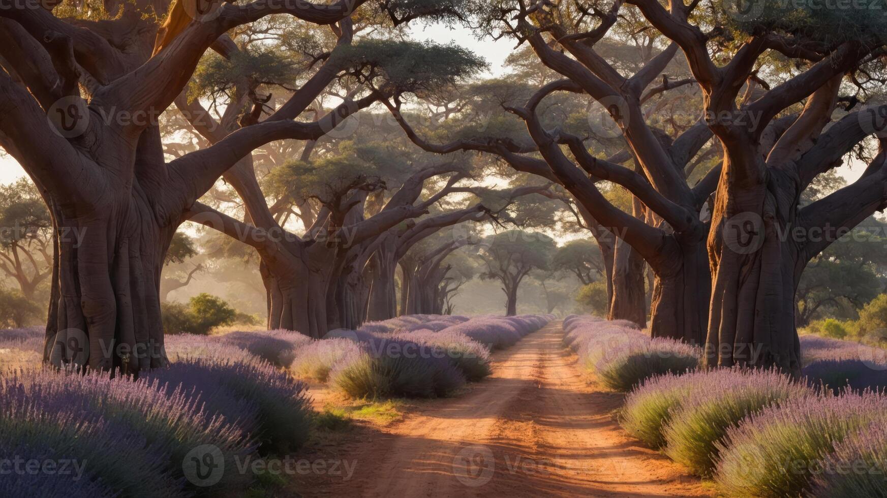 Serene pathway lined with trees and lavender flowers in warm sunlight. photo